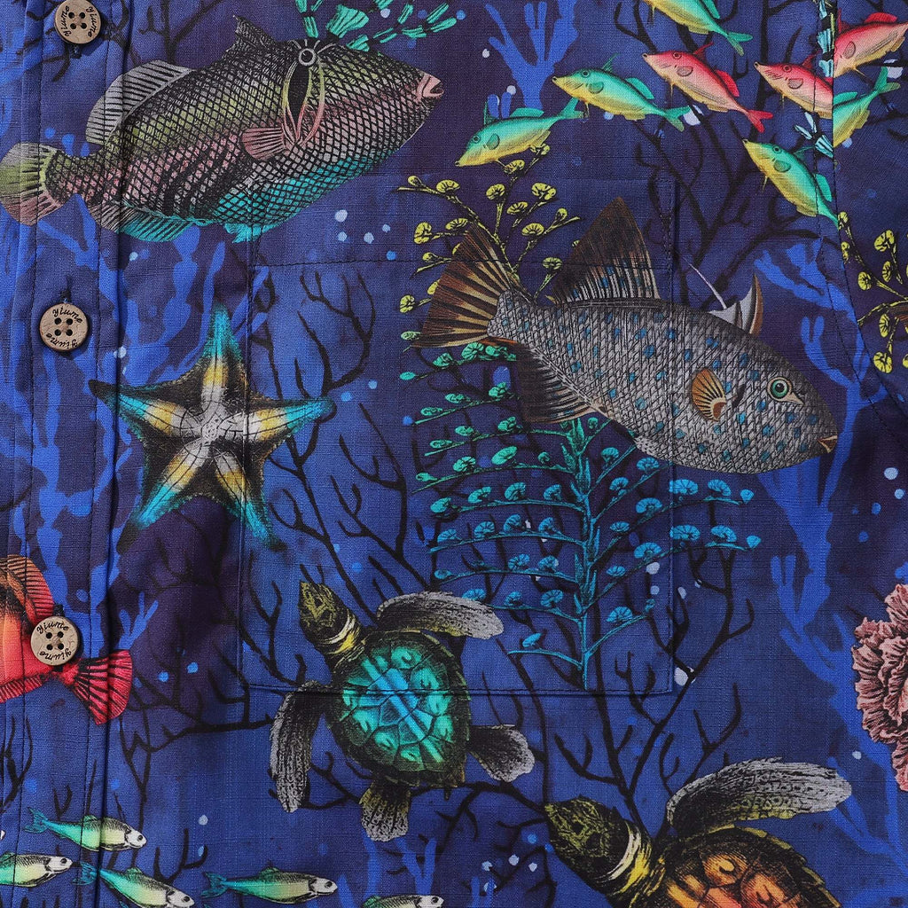 Deep Blue Hawaiian Shirt For Men Underwater World Short Sleeve Button-down Cotton Shirt By Seven