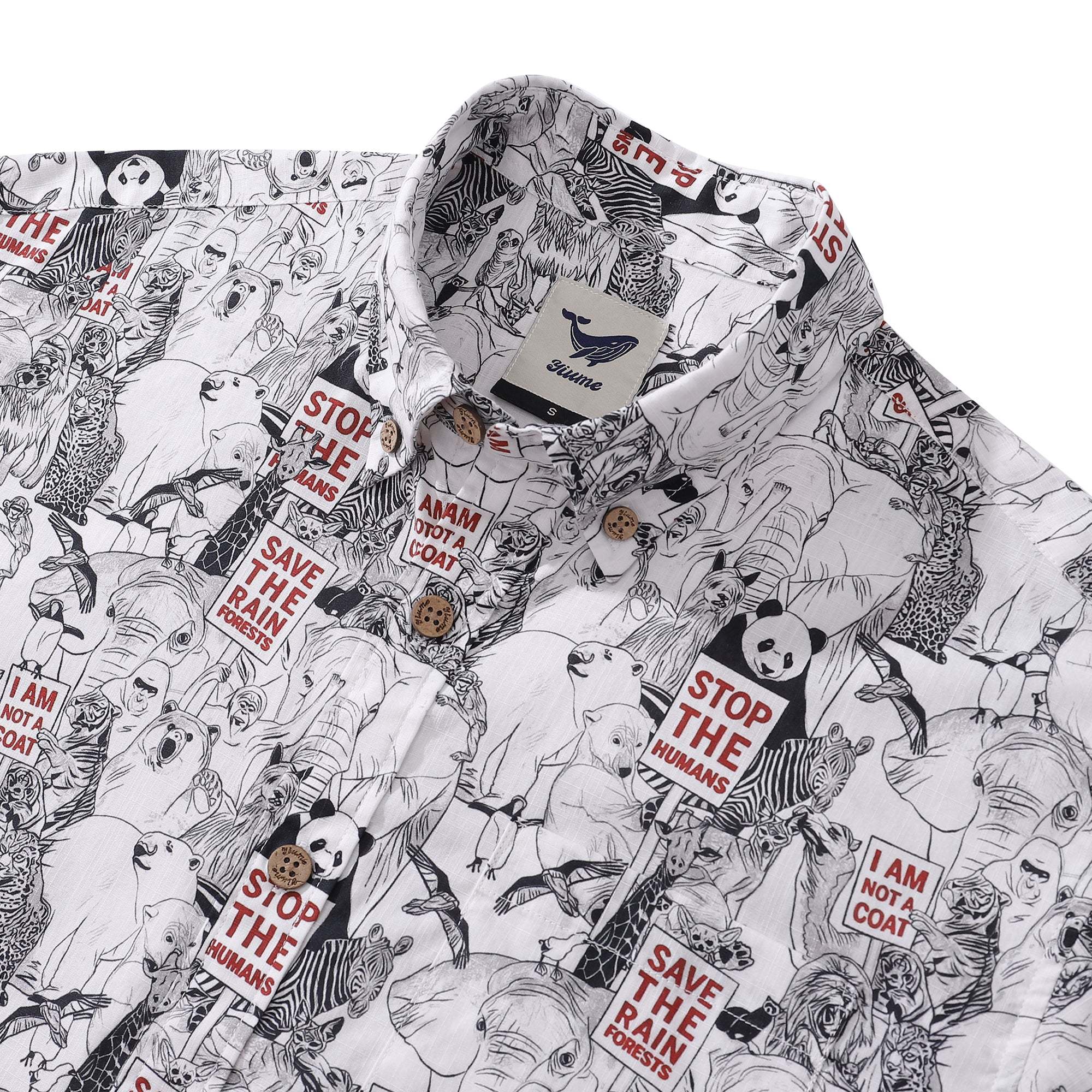 Men's Hawaiian Shirt Save the Animals Earth Day Shirt Cotton Short Sleeve Aloha Shirt By Patch