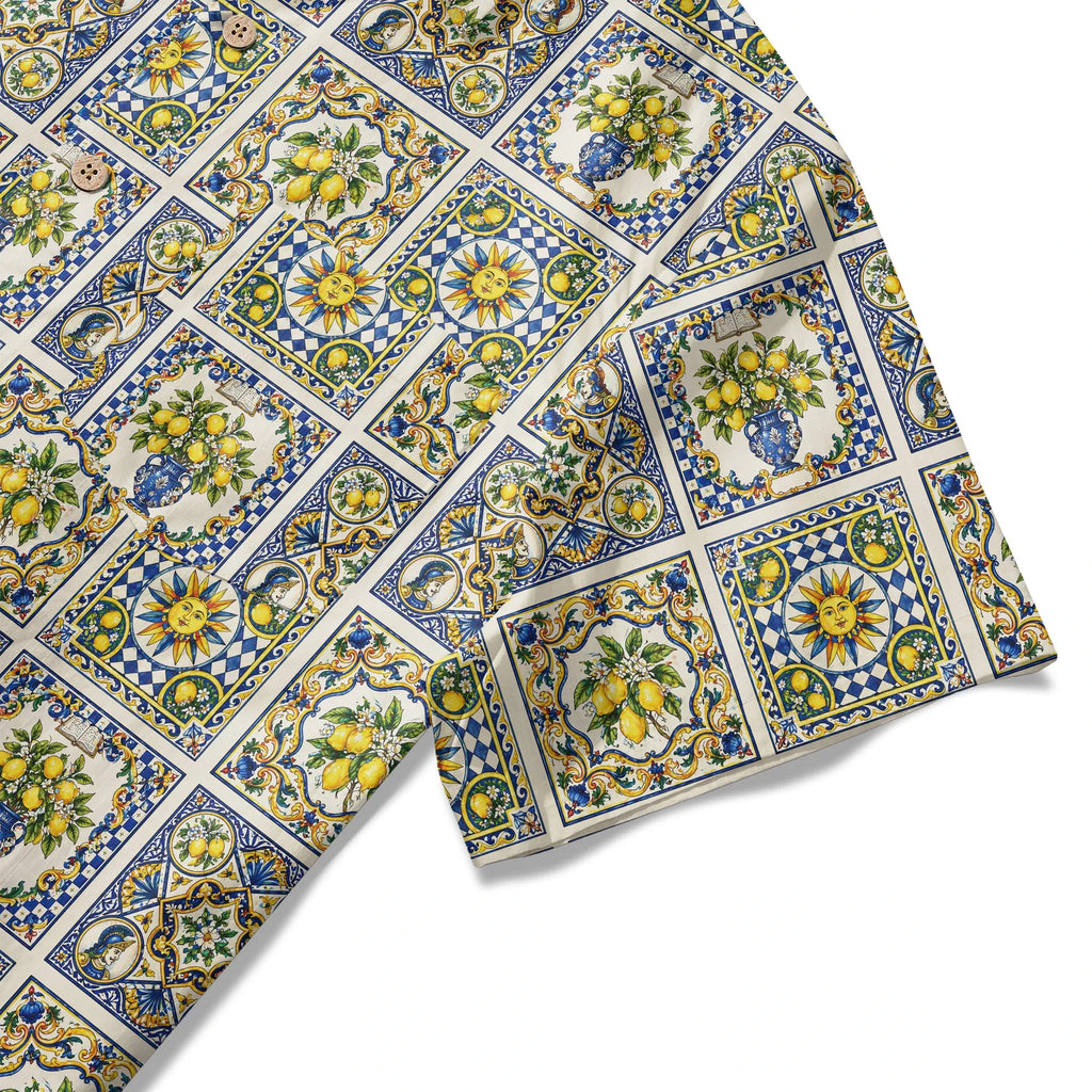 LeosWare® Men's Hawaiian Shirt Short Sleeve Button-up 100% Cotton Blue Aloha Sicilian Sunlit Lemon By Huan huan