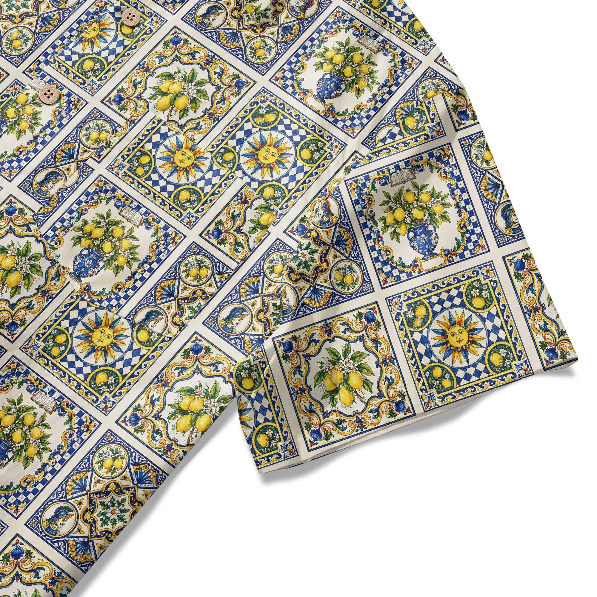 LeosWare® Men's Hawaiian Shirt Short Sleeve Button-up 100% Cotton Blue Aloha Sicilian Sunlit Lemon By Huan huan