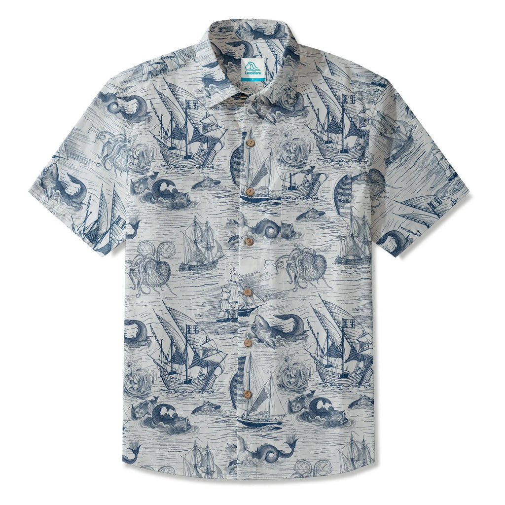 LeosWare® Myth Men's Hawaiian Shirt Short Sleeve Button-up 100% Cotton Blue Aloha Antiquity Sea Expedition By Ann