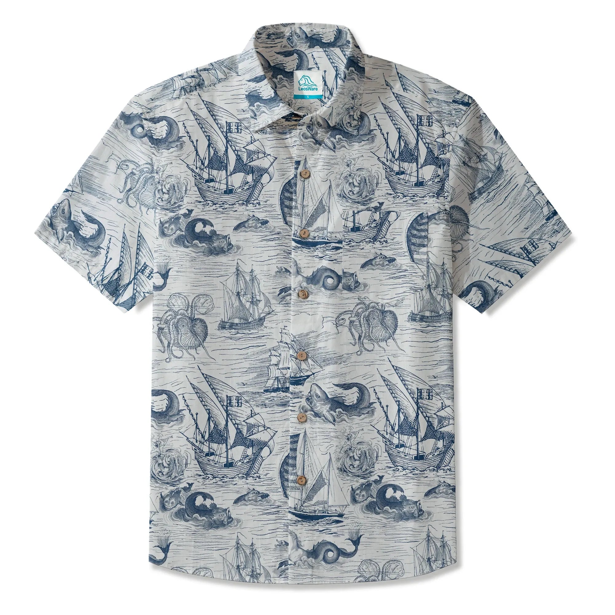 LeosWare® Myth Men's Hawaiian Shirt Short Sleeve Button-up 100% Cotton Blue Aloha Antiquity Sea Expedition By Ann