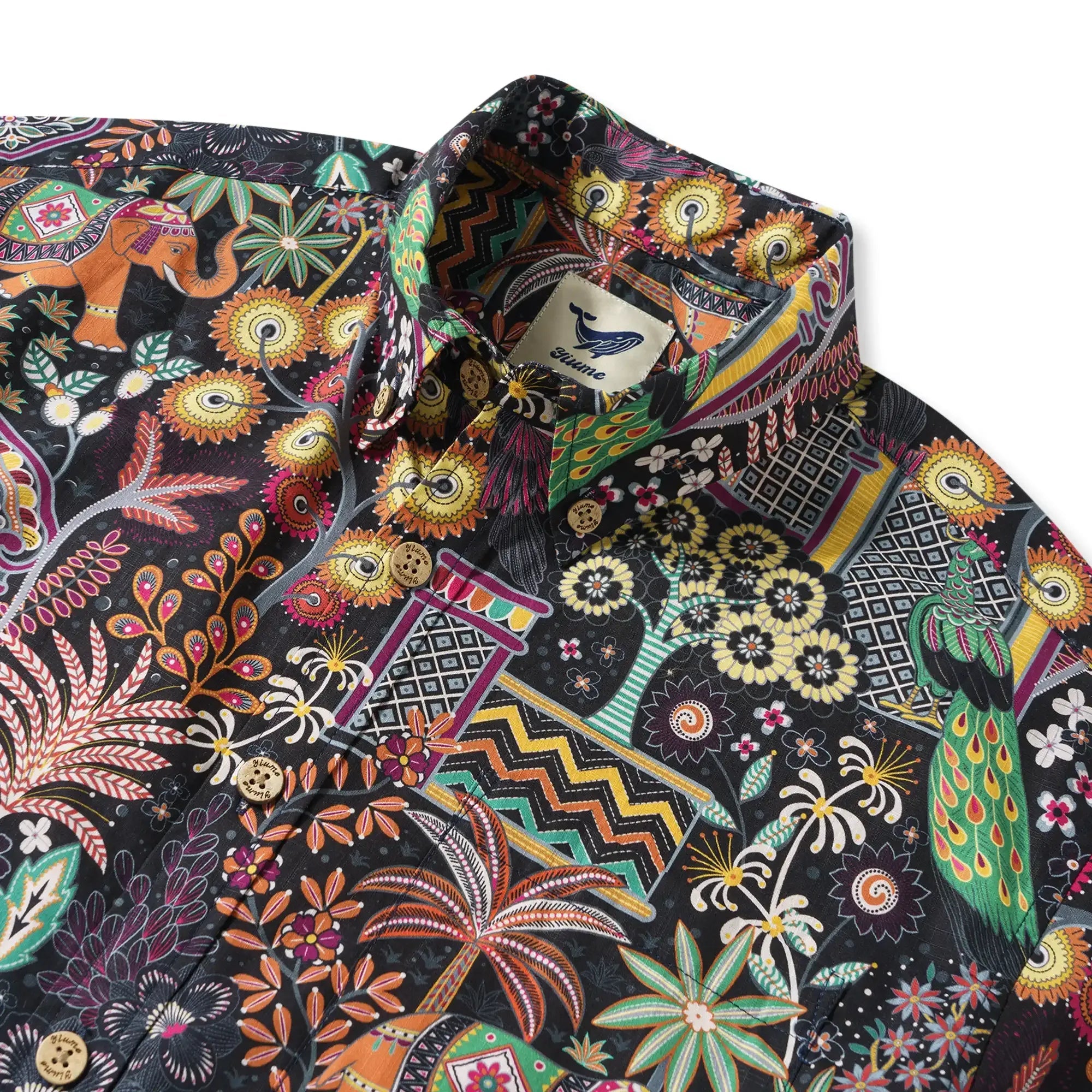 Chemise hawaïenne pour homme à manches courtes avec boutons 100 % coton verte Aloha Jaipur Gem par Huan huan