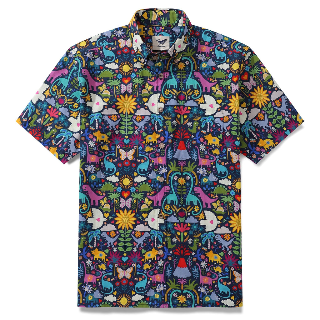 Hawaiian Shirt For Men Colorful Button-down Shirt Short Sleeve 100% Cotton Shirt Peace, Love And Dinosaurs By Cecca Designs