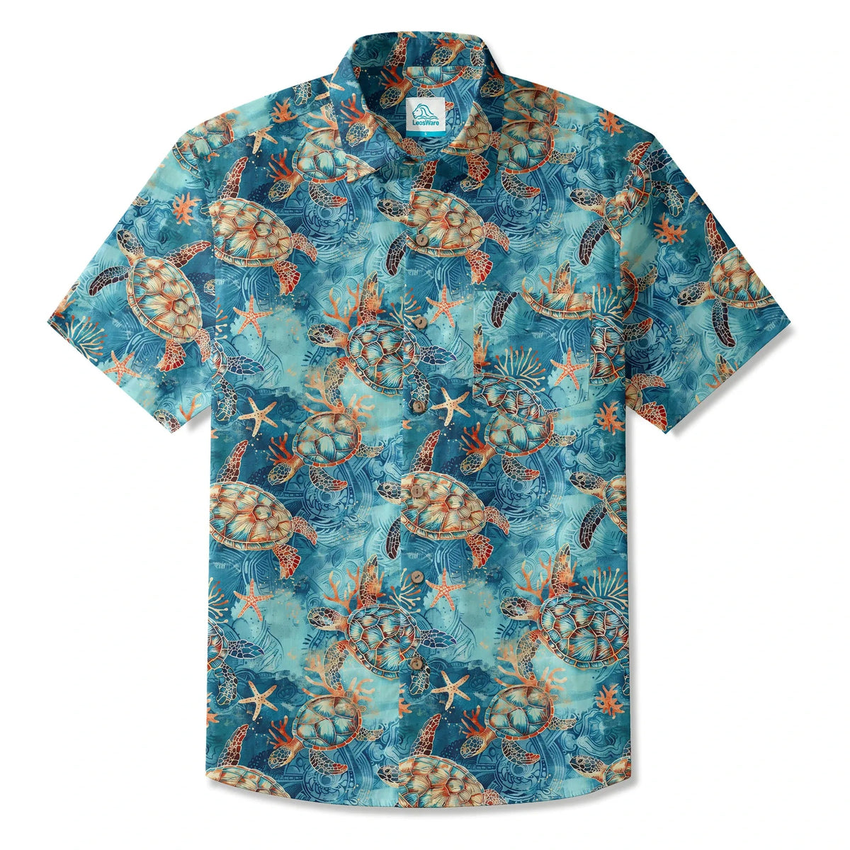 Chemise hawaïenne pour homme LeosWare® à manches courtes avec boutons 100 % coton bleu Aloha tortue dorée mer par Ann