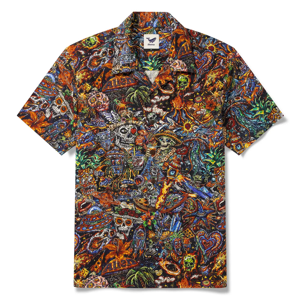 Men's Hawaiian Shirt Short Sleeve Camp Collar 100% Cotton Red Aloha Intergalactic Luau Graffiti By Mo