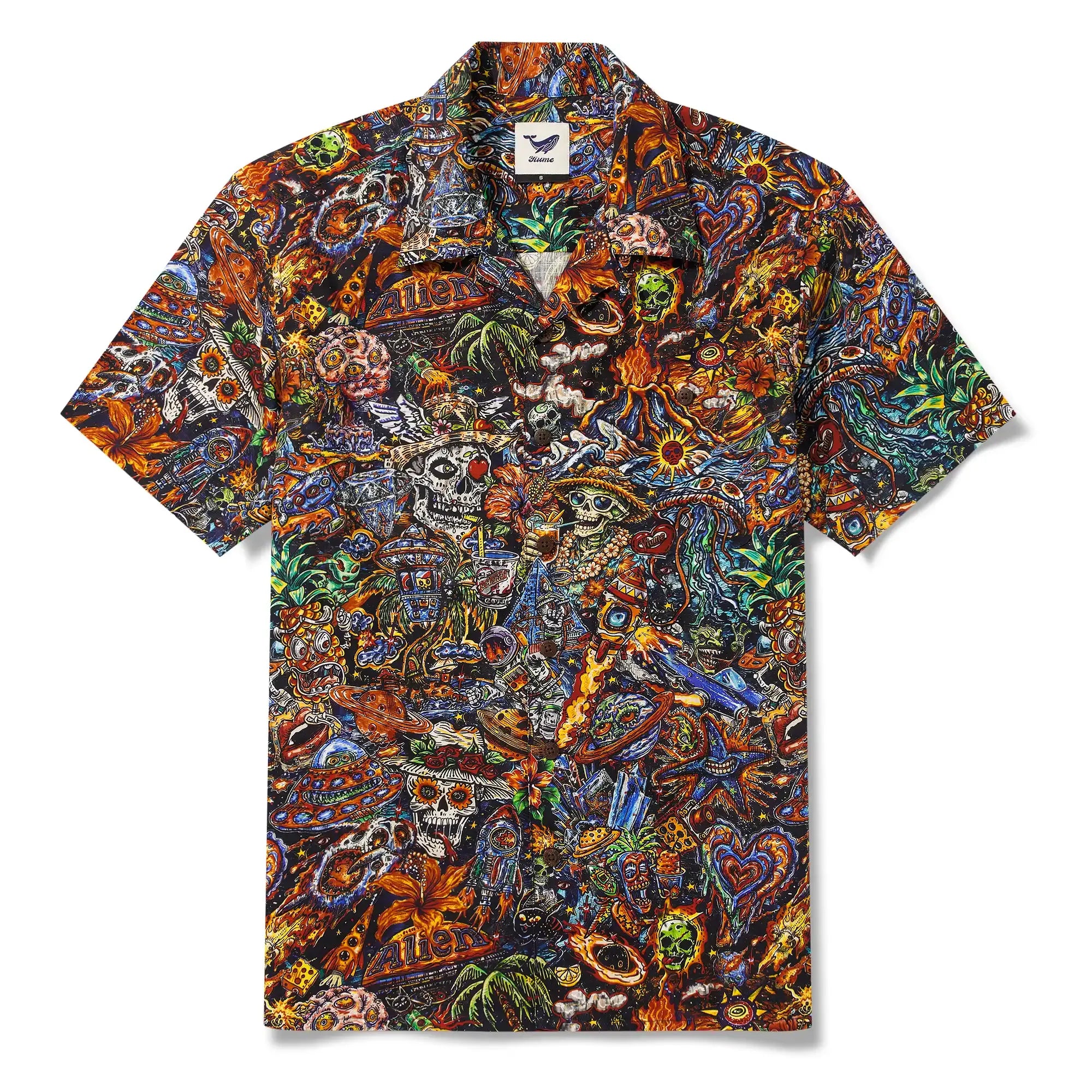 Men's Hawaiian Shirt Short Sleeve Camp Collar 100% Cotton Red Aloha Intergalactic Luau Graffiti By Mo