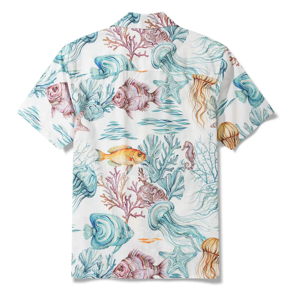 Men's Hawaiian Shirt Short Sleeve Camp Collar 100% Cotton Blue Aloha Life Underwater By Michela Maranzana