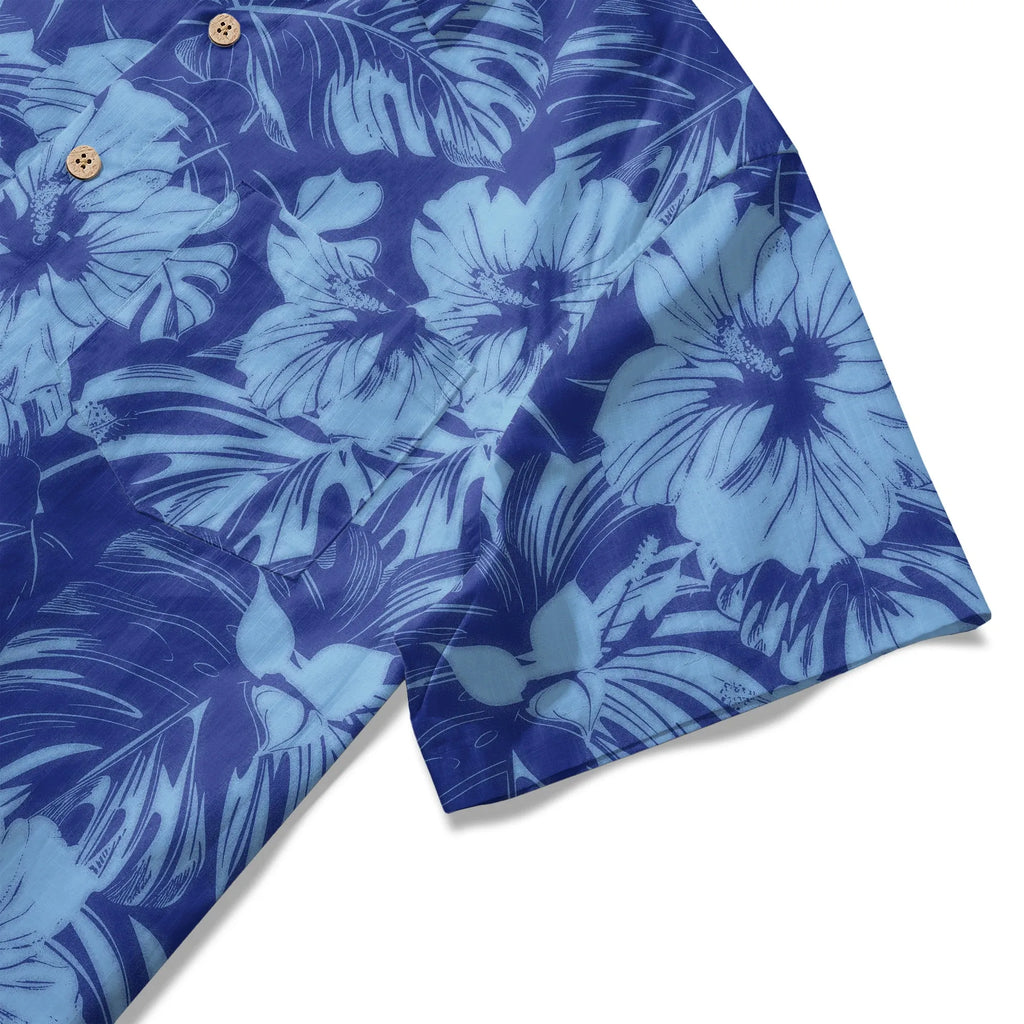 LeosWare® Hibiscus Flower Men's Hawaiian Shirt Short Sleeve Button-up 100% Cotton Blue Aloha Blue Serenity By Ann