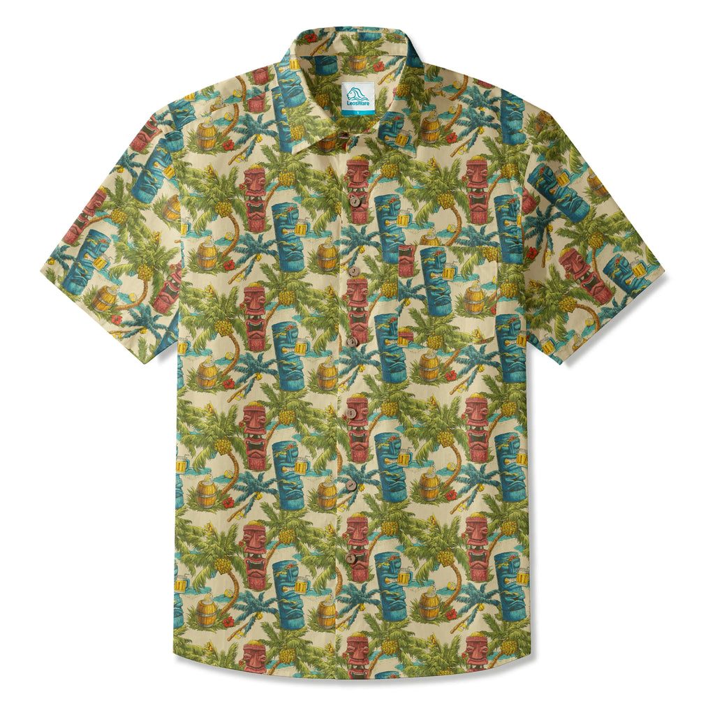 LeosWare® Men's Hawaiian Shirt Short Sleeve Button-up 100% Cotton Green Aloha Tiki's Coconut Island Carnival By Ann