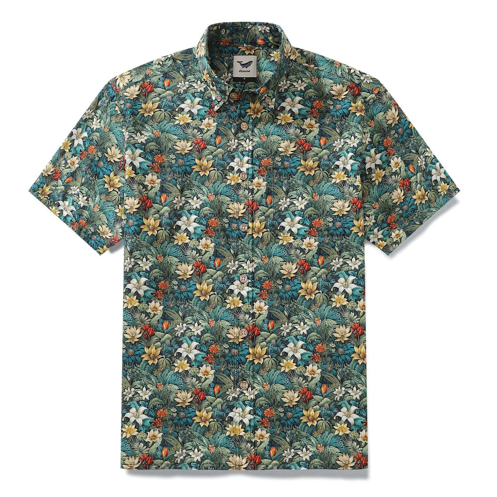 Men's Tropical Hawaiian Shirt Green Cotton Button-down Short Sleeve Aloha Shirt Jungle Adventure By Amy