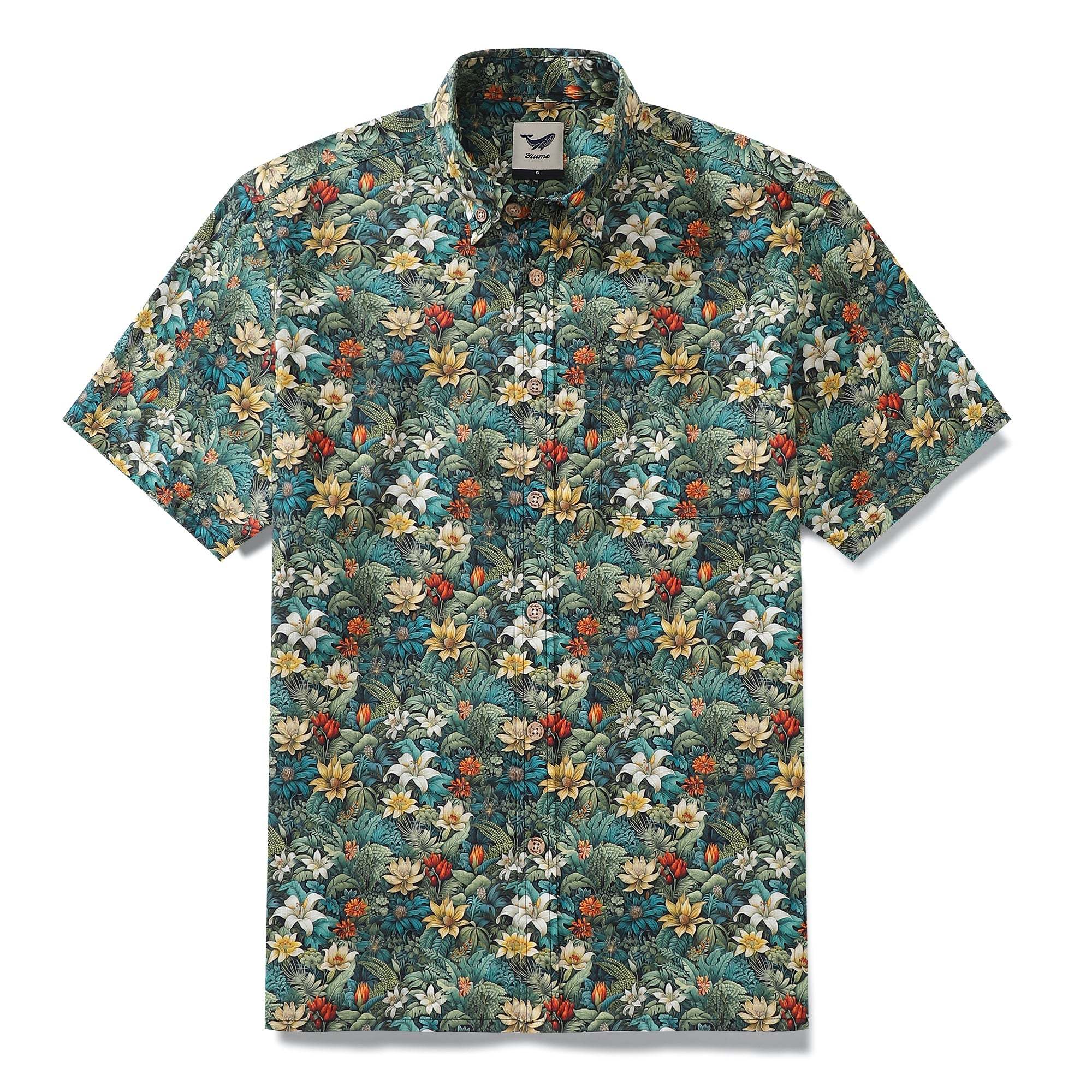 Men's Tropical Hawaiian Shirt Green Cotton Button-down Short Sleeve Aloha Shirt Jungle Adventure By Amy