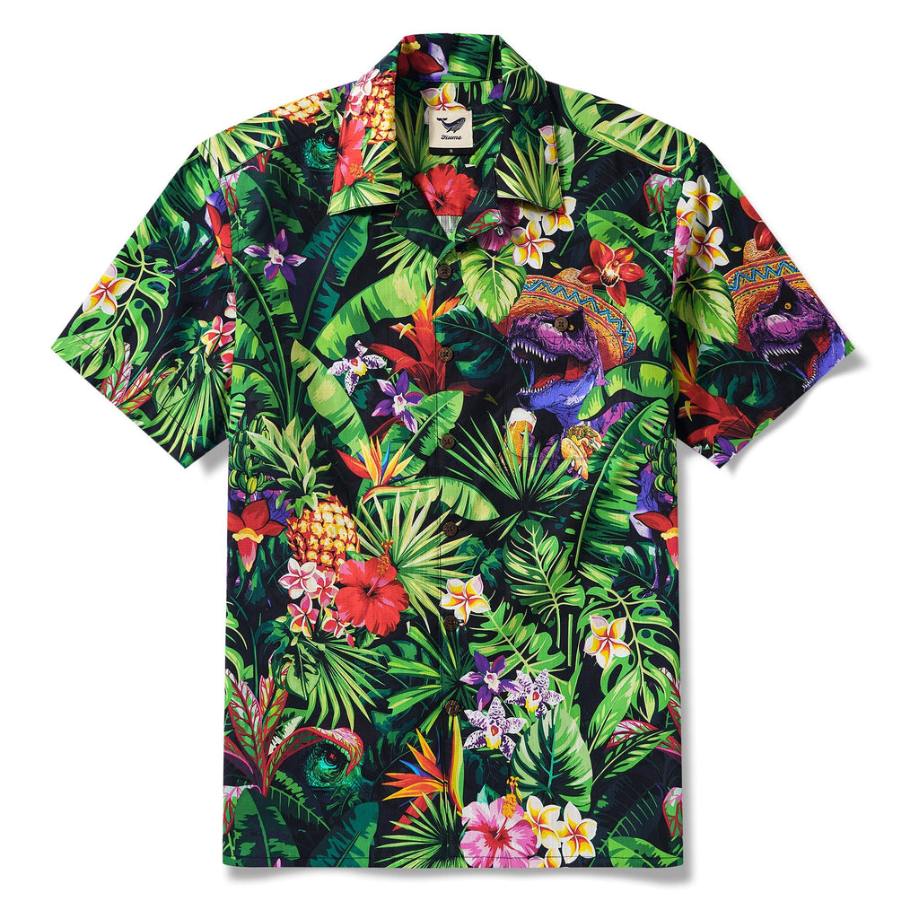 Men's Hawaiian Shirt Short Sleeve Camp Collar 100% Cotton Purple Aloha Jungle Dinosaur Party Time Mexican Style By Huan huan