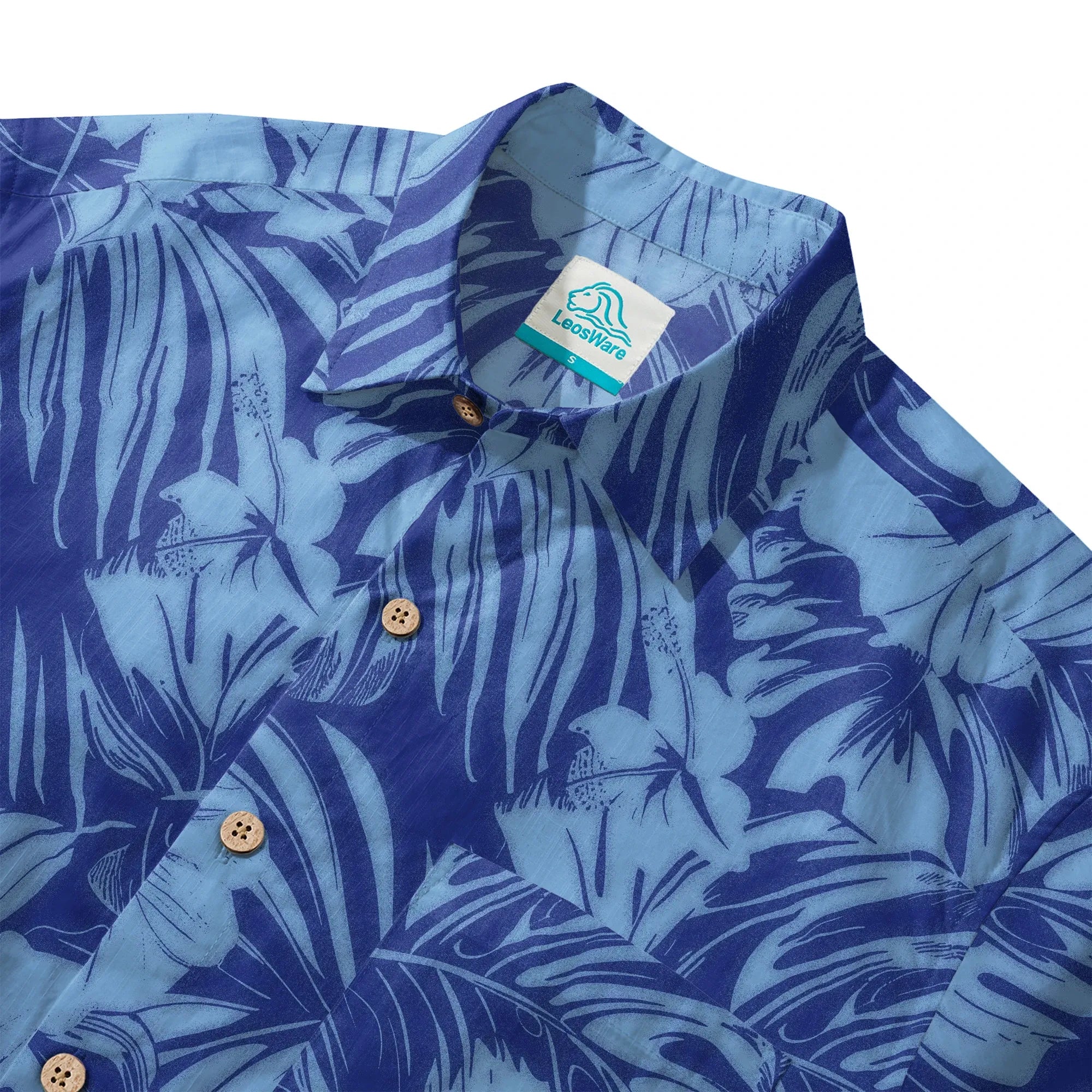 LeosWare® Hibiscus Flower Men's Hawaiian Shirt Short Sleeve Button-up 100% Cotton Blue Aloha Blue Serenity By Ann