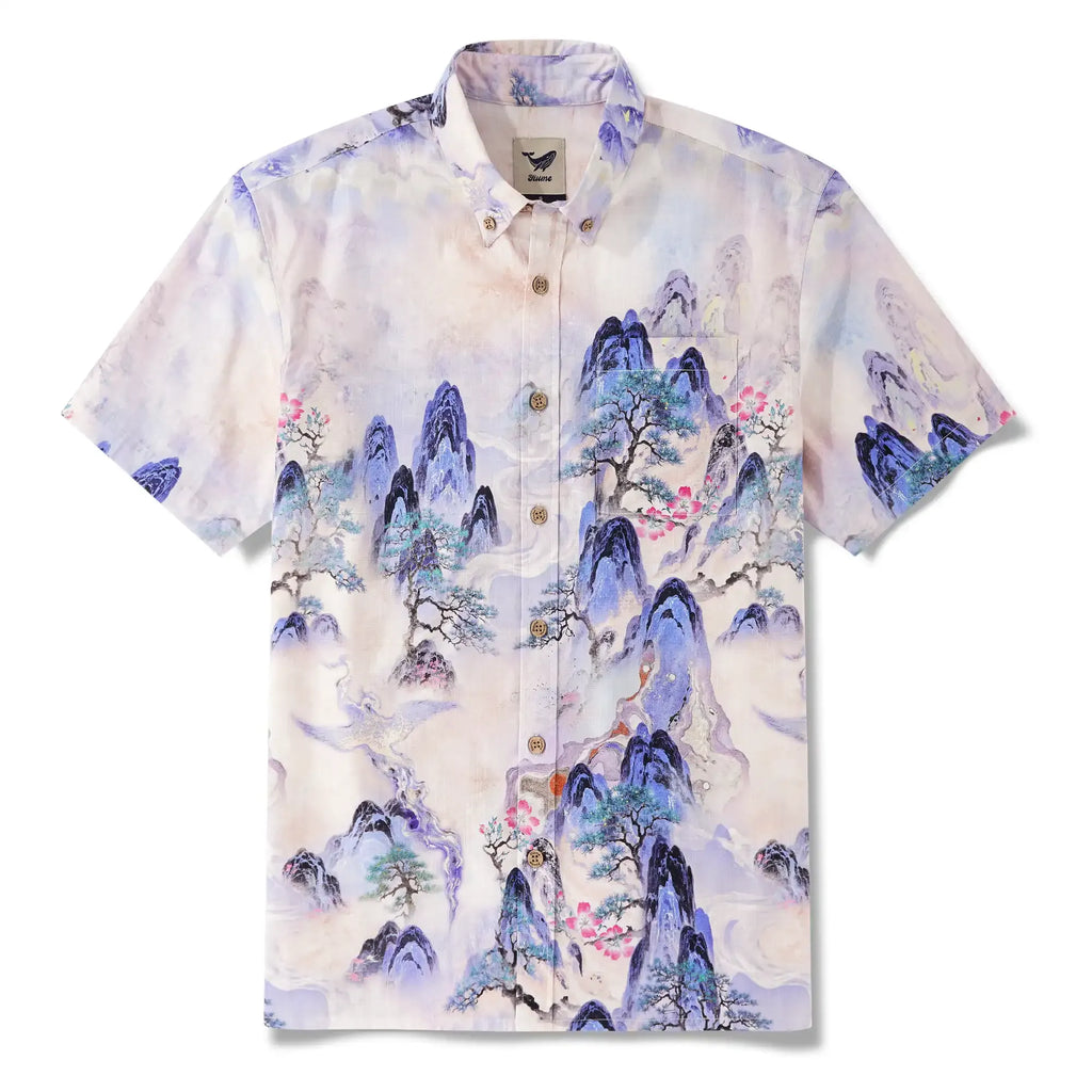 Men's Hawaiian Shirt Short Sleeve Button-down 100% Cotton Purple Aloha Purple Mountain Retreat By Sylvia