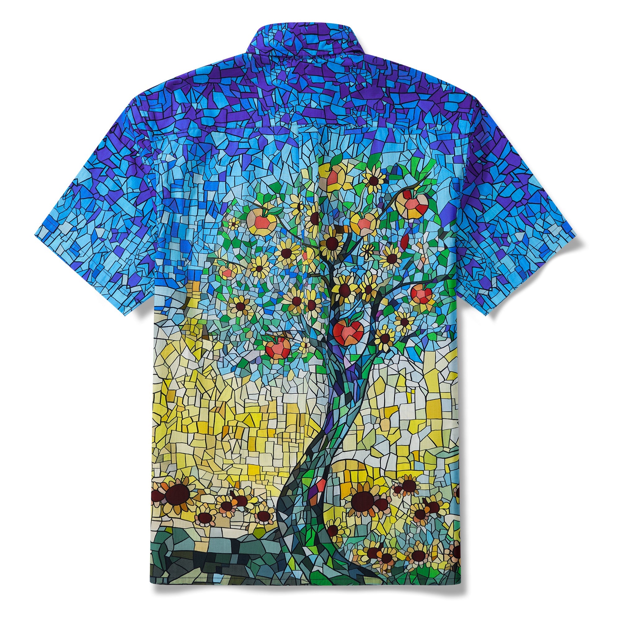 Men’s Blue Hawaiian Shirt – Orchard & Stained Glass Print 100% Cotton Short Sleeve Aloha Shirt By Yakima