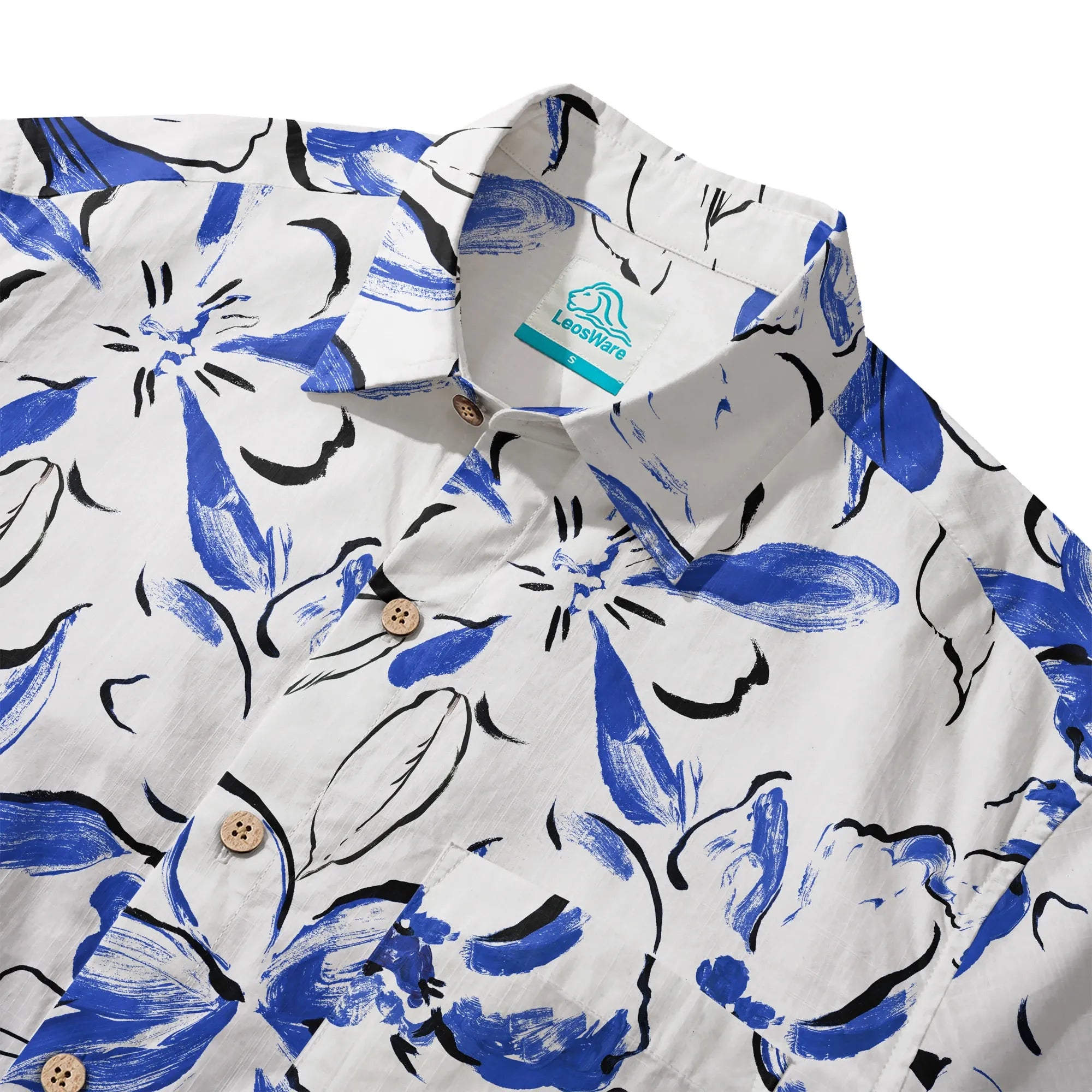 LeosWare® Men's Hawaiian Shirt Short Sleeve Button-up 100% Cotton Blue Aloha Indigo Blossoms Brushstroke By Huan huan
