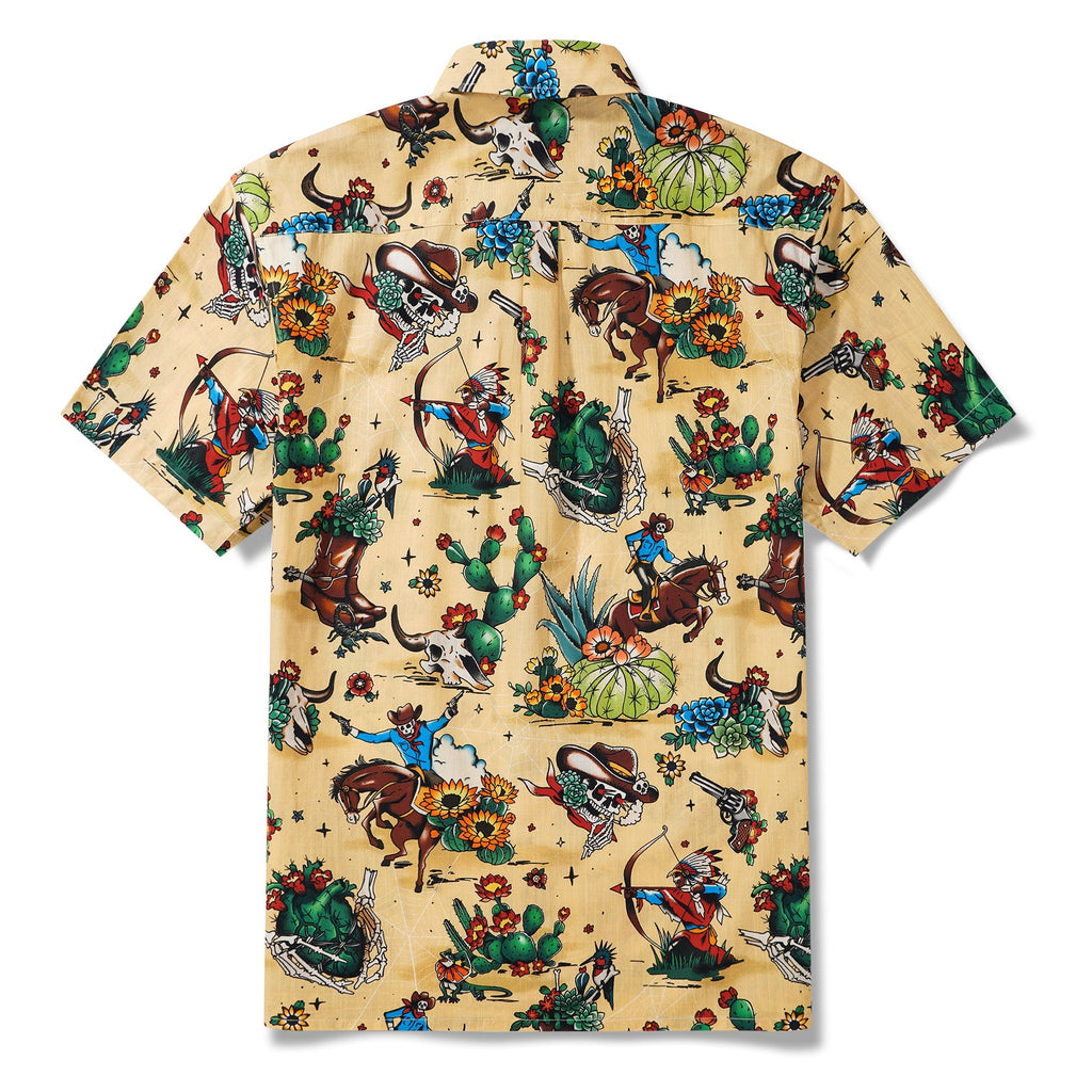 Western Cowboy Hawaiian Shirt For Men Short Sleeve Button-down 100% Cotton Desert Skull Shirt By Zeke