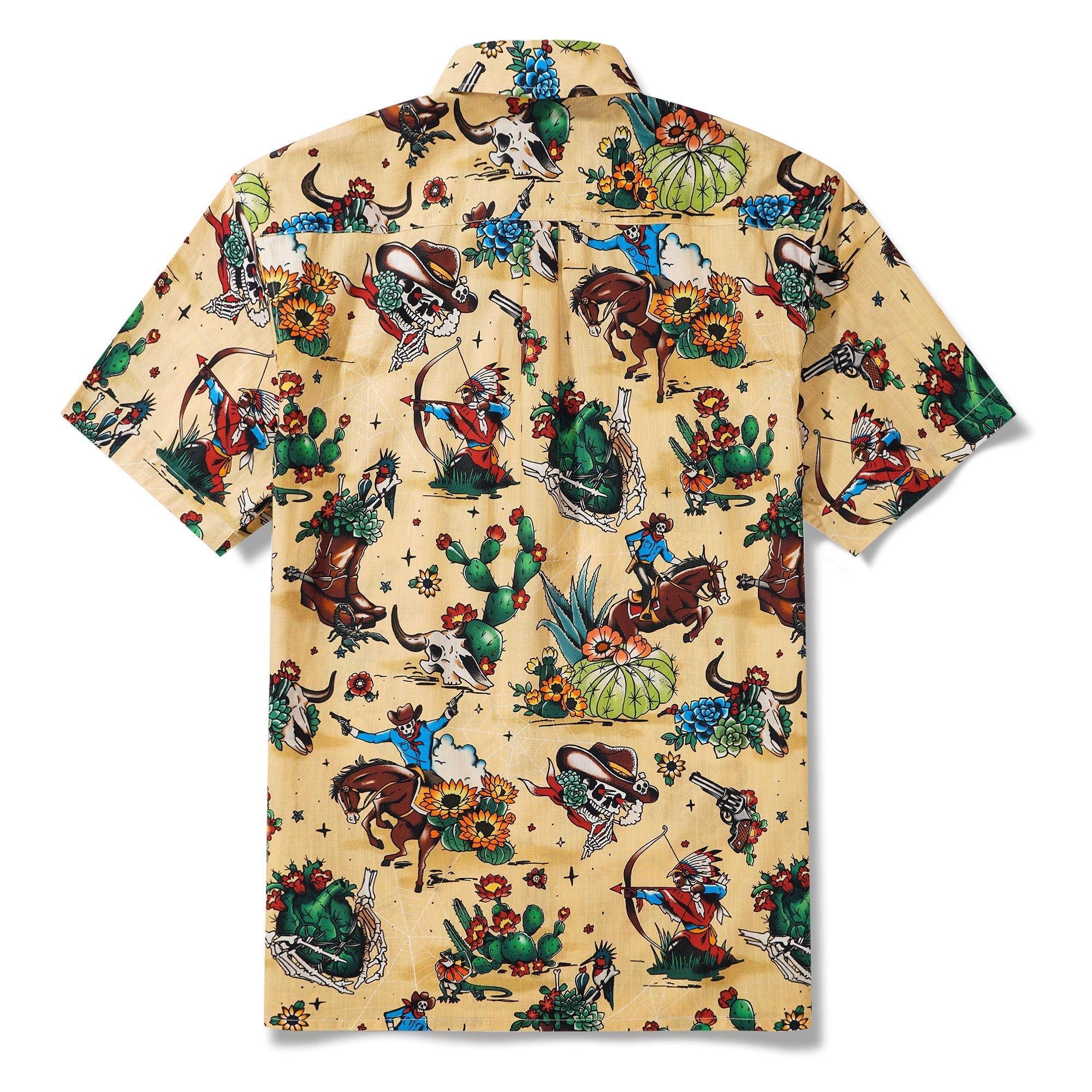 Western Cowboy Hawaiian Shirt For Men Short Sleeve Button-down 100% Cotton Desert Skull Shirt By Zeke