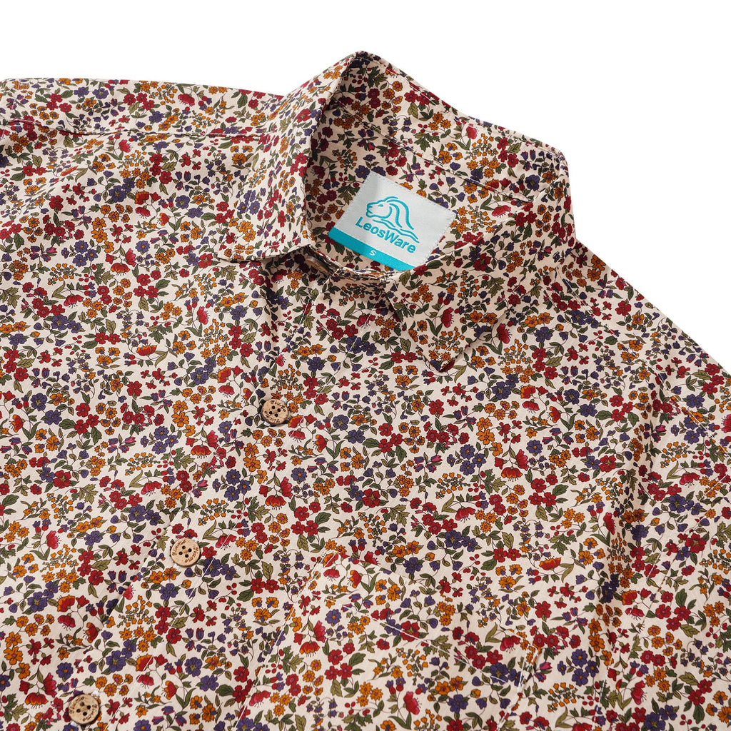 LeosWare® Men's Hawaiian Shirt Short Sleeve Button-up 100% Cotton Red Aloha Colorful Countryside Small Floral Pattern Painting By Ethan