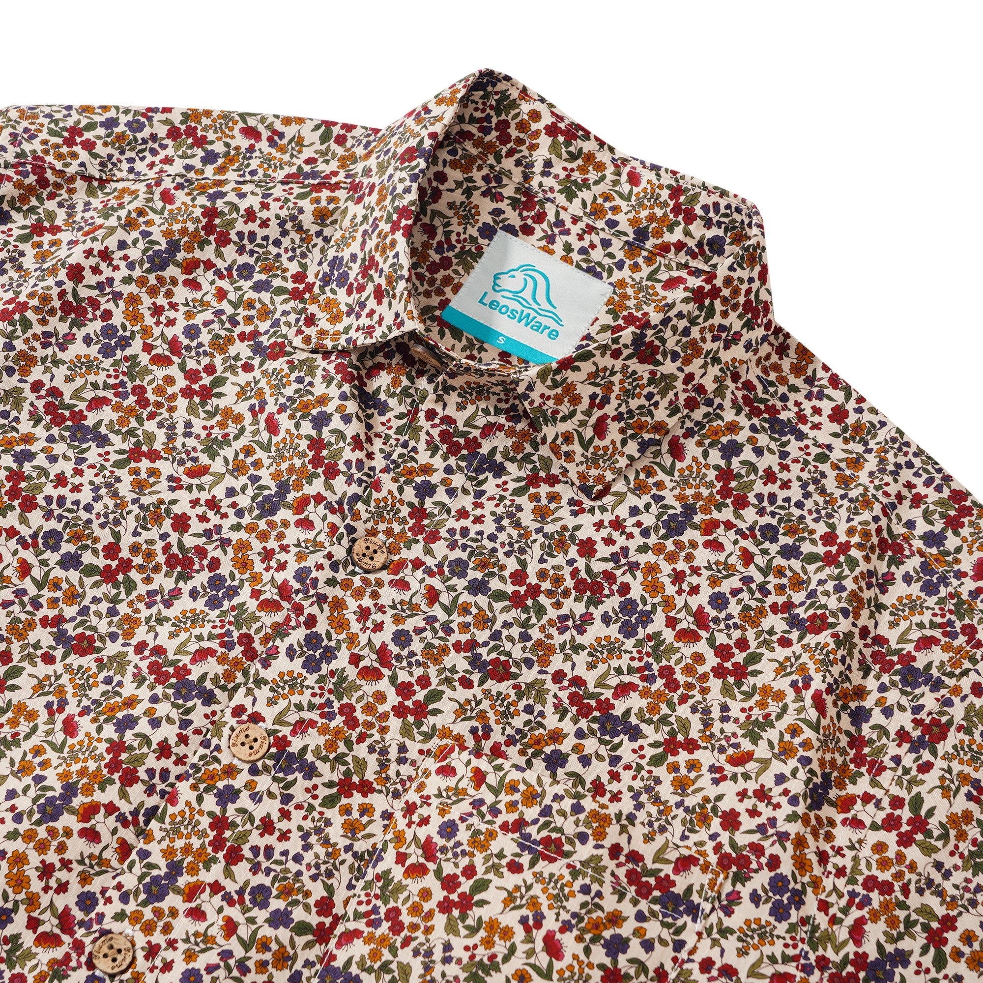LeosWare® Men's Hawaiian Shirt Short Sleeve Button-up 100% Cotton Red Aloha Colorful Countryside Small Floral Pattern Painting By Ethan