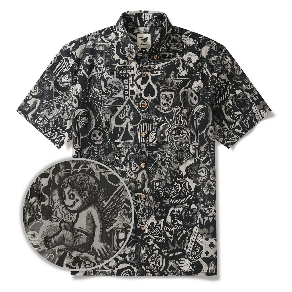 Men's Hawaiian Shirt Short Sleeve Button-down 100% Cotton Black Aloha Dark Poker Graffiti By Mo