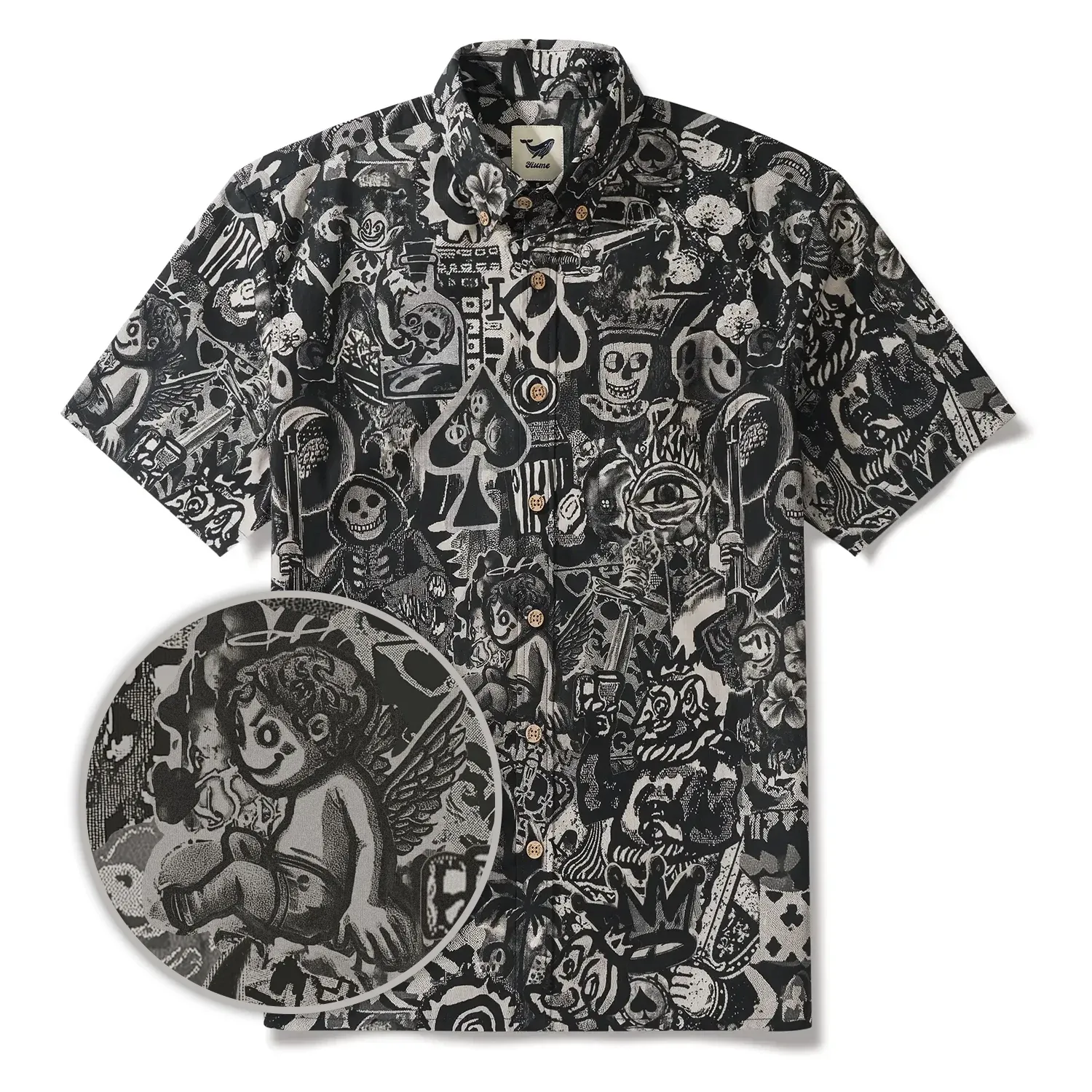 Men's Hawaiian Shirt Short Sleeve Button-down 100% Cotton Black Aloha Dark Poker Graffiti By Mo