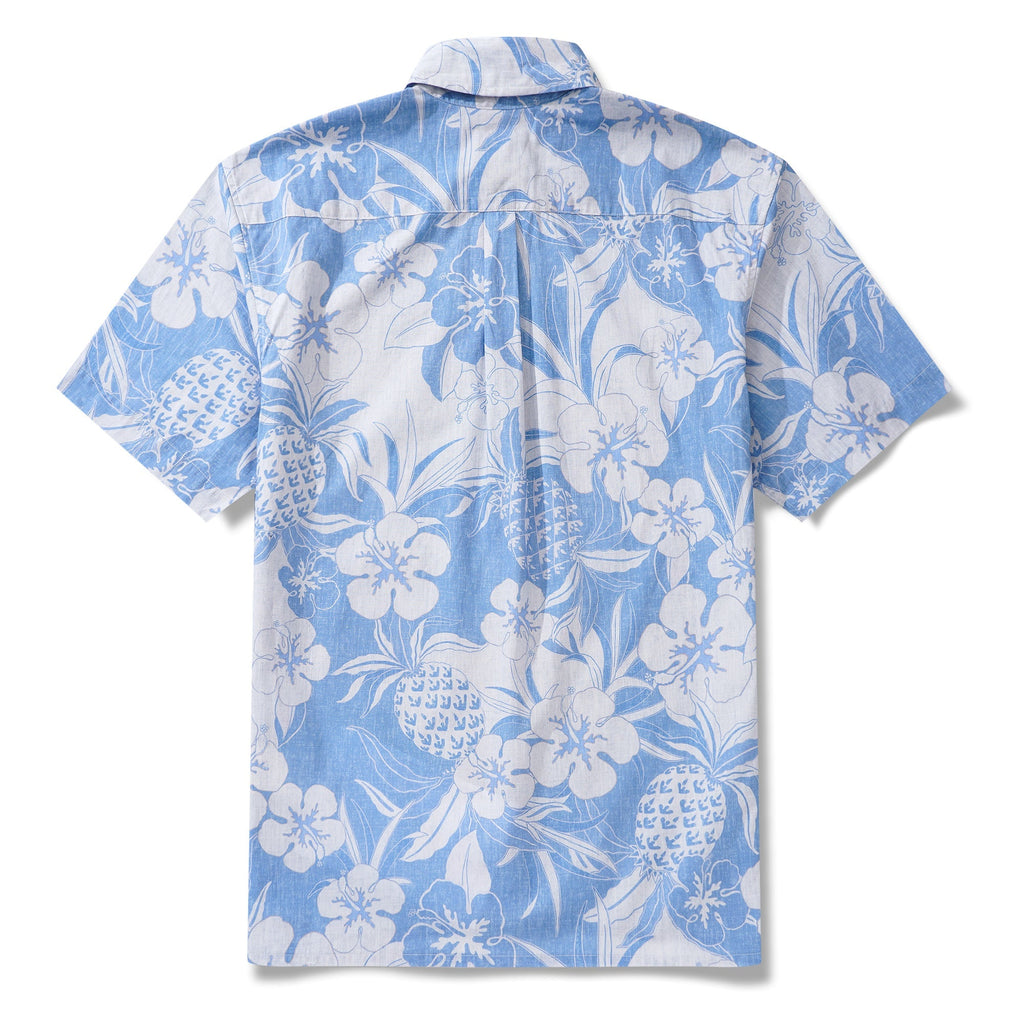 Men's Hawaiian Shirt Short Sleeve Button-down 100% Cotton Blue Aloha Pineapple and Hibiscus Hawaiian Shirt By Cigar