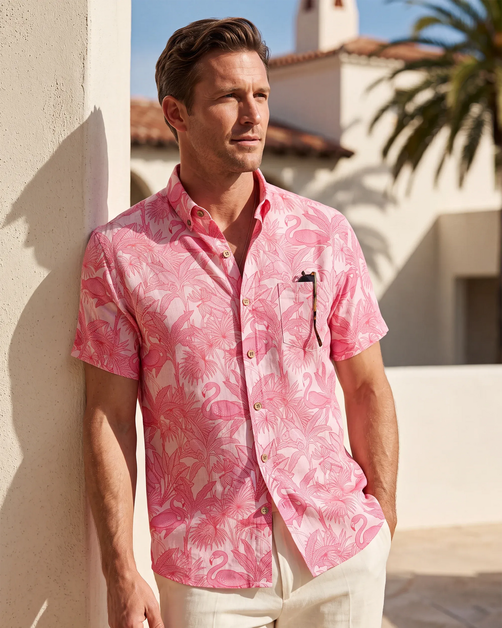 Yiume Men's Pink Hawaiian Shirt Flamingos Shirt 100% Cotton Short Sleeve Button-down Shirt Aloha Flamingos & Chameleons By House of Haricot