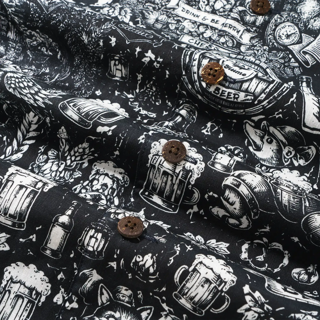 Men's Hawaiian Shirt Short Sleeve Camp Collar 100% Cotton Black Aloha Tavern Revelry Night By DUDU