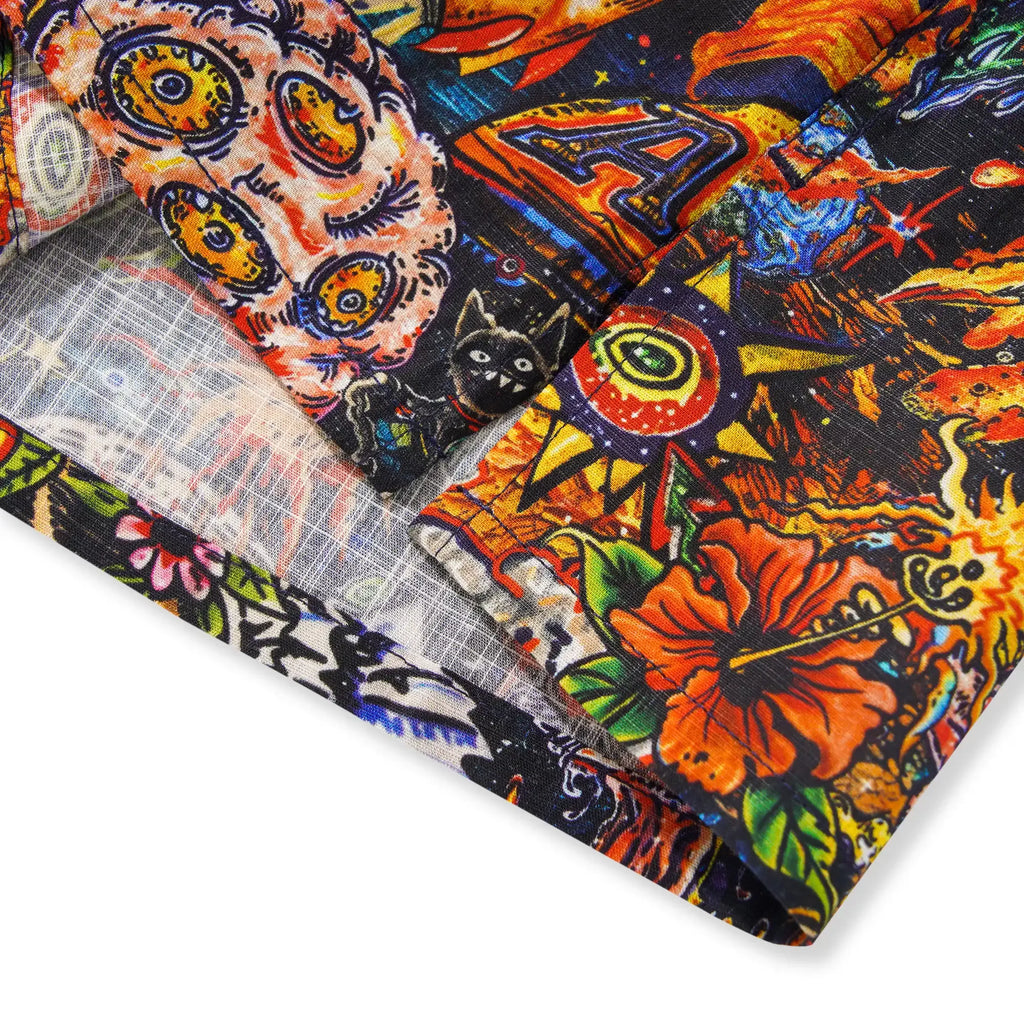 Men's Hawaiian Shirt Short Sleeve Camp Collar 100% Cotton Red Aloha Intergalactic Luau Graffiti By Mo