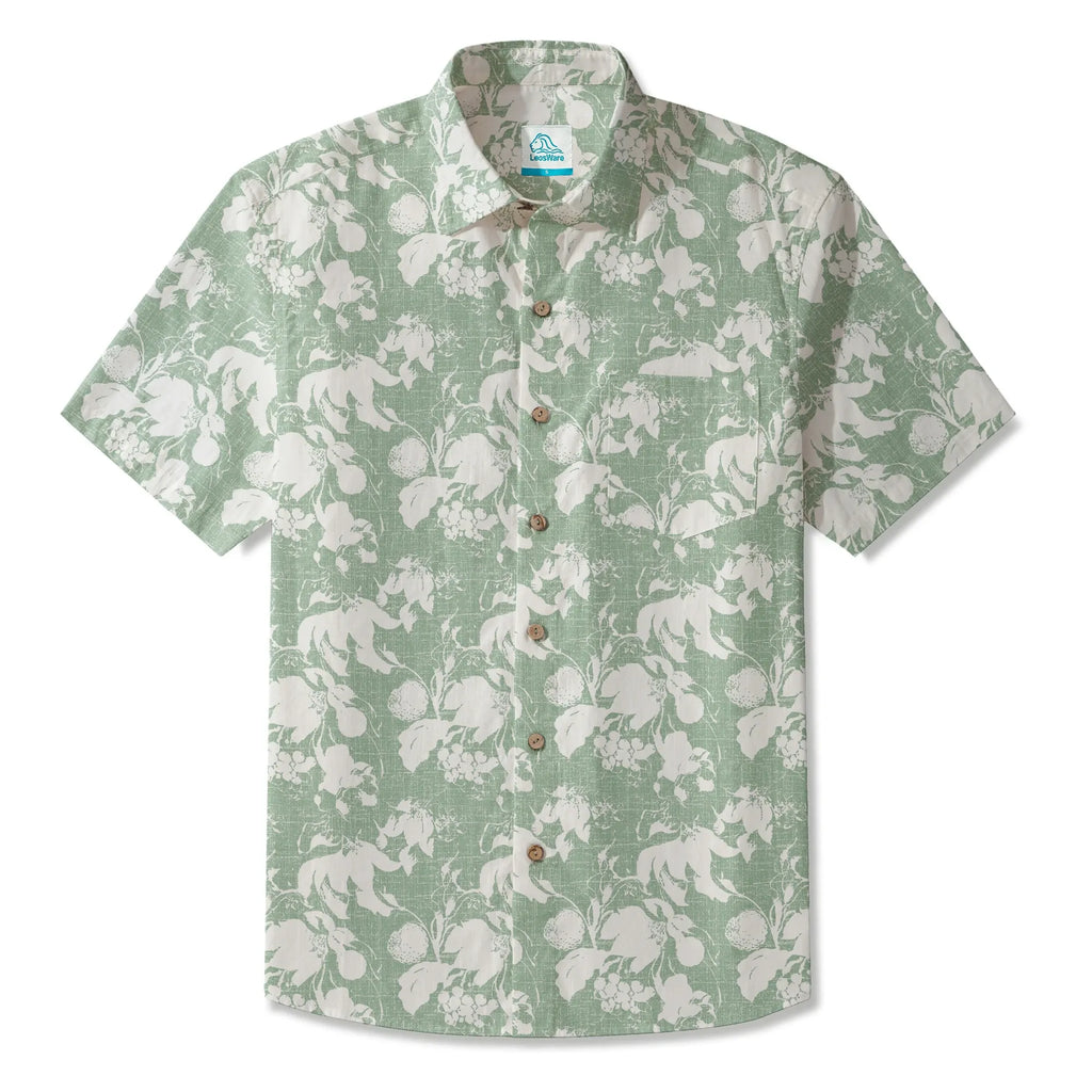 LeosWare® Flower Men's Hawaiian Shirt Short Sleeve Button-up 100% Cotton Green Aloha Verdant Memoirs By Ann