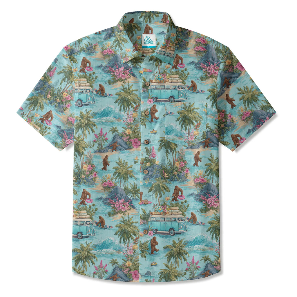 LeosWare® Men's Hawaiian Shirt Short Sleeve Button-up 100% Cotton Blue Aloha Tropical Drift Of Bigfoot By Ann