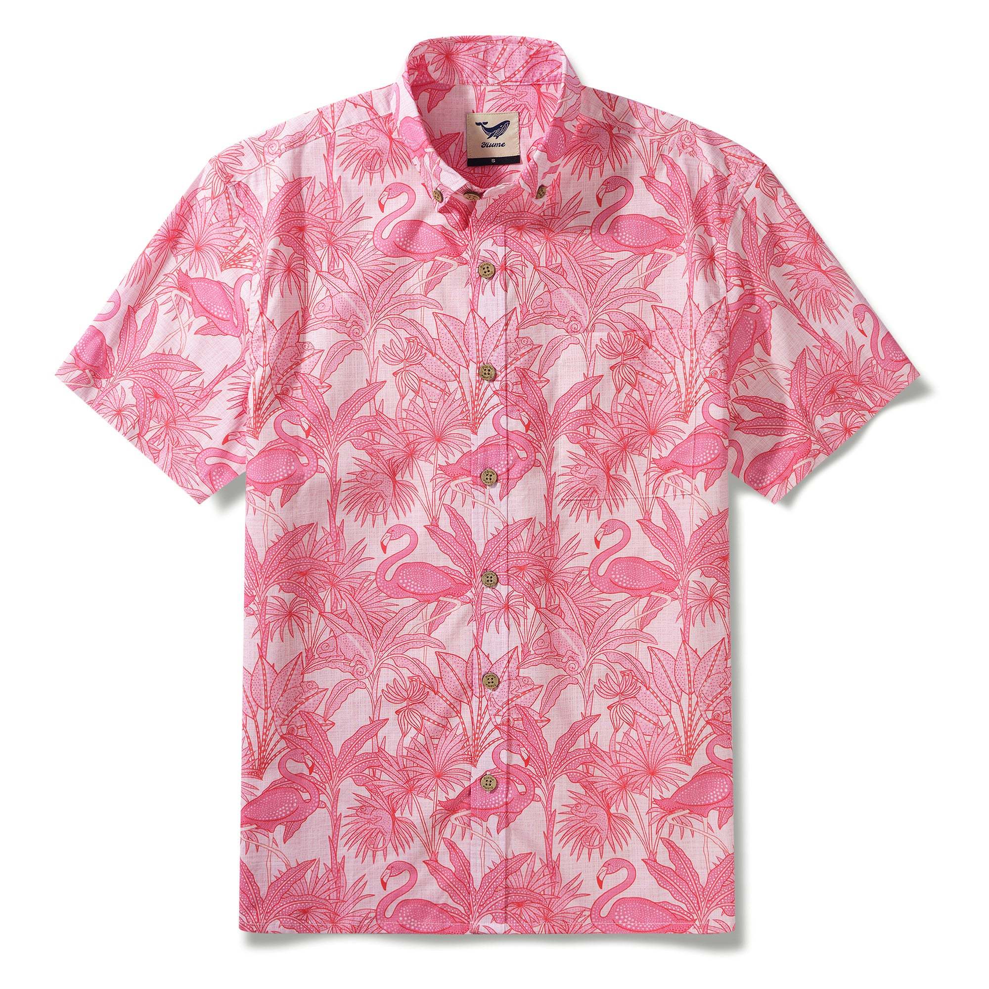 Yiume Men's Pink Hawaiian Shirt Flamingos Shirt 100% Cotton Short Sleeve Button-down Shirt Aloha Flamingos & Chameleons By House of Haricot