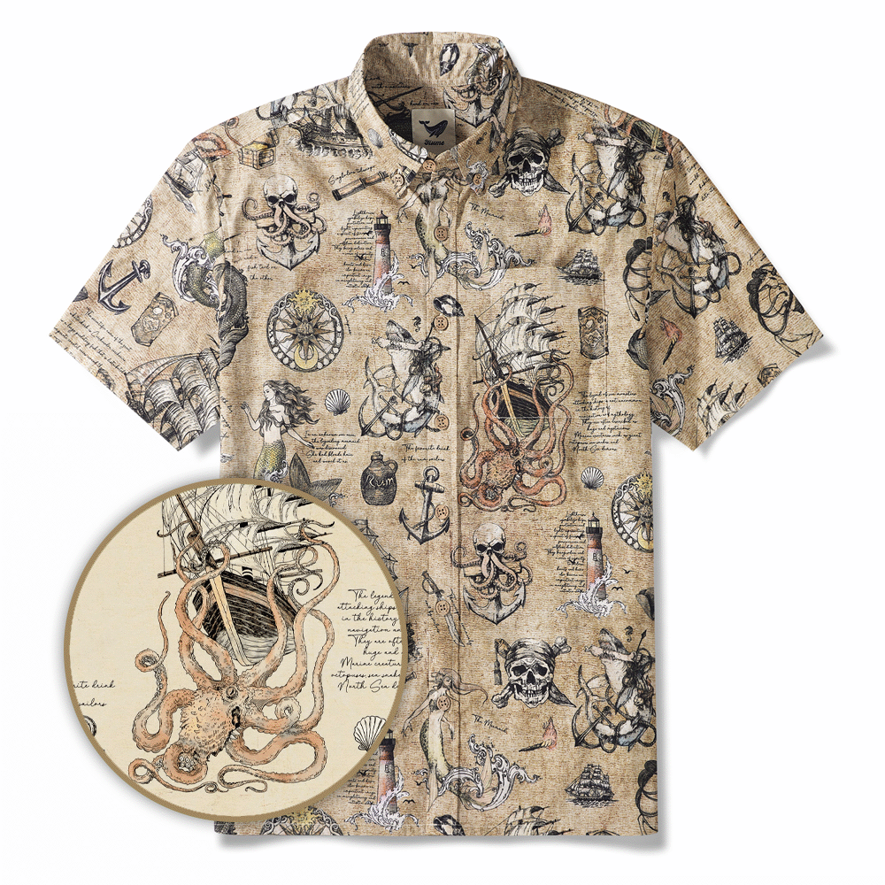 Men's Hawaiian Shirt Short Sleeve Button-down 100% Cotton Beige Aloha Pirate’s Log: The Sea Monster By Yakima