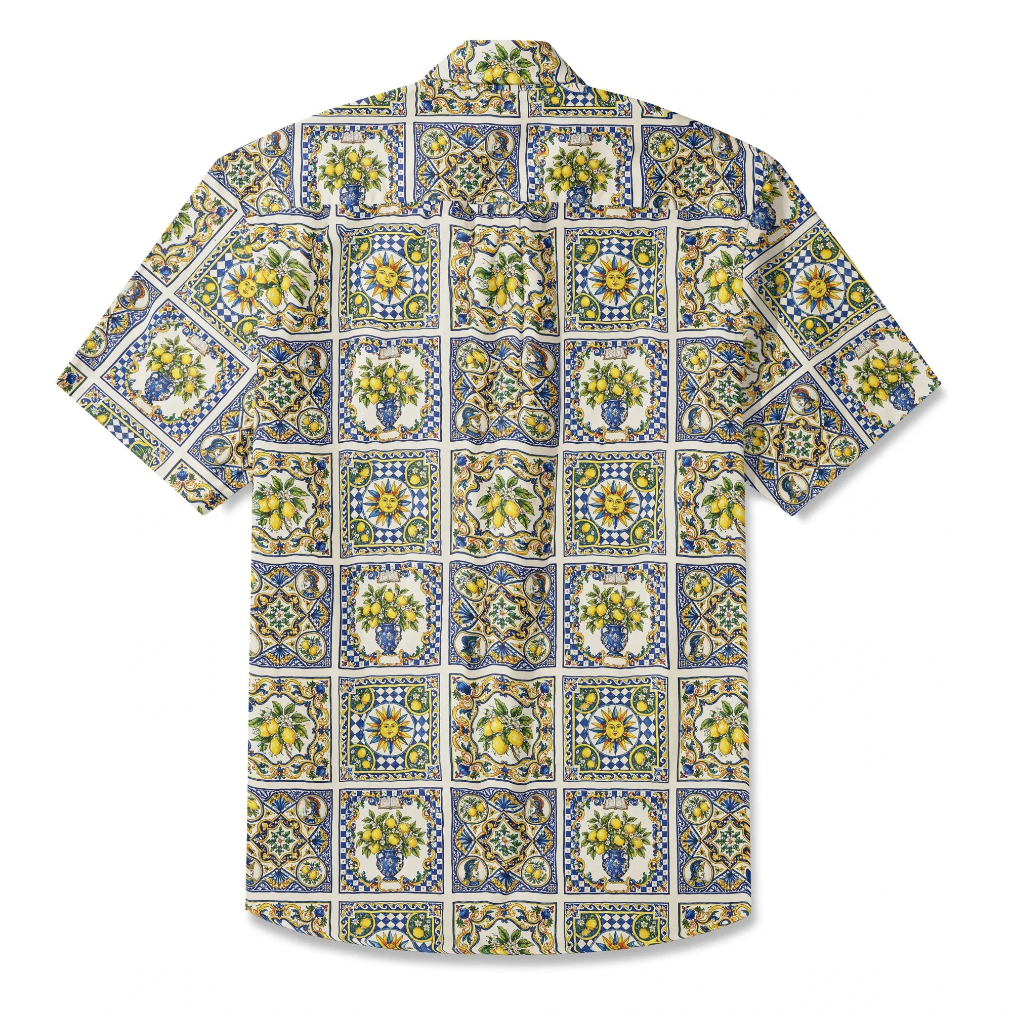 LeosWare® Men's Hawaiian Shirt Short Sleeve Button-up 100% Cotton Blue Aloha Sicilian Sunlit Lemon By Huan huan