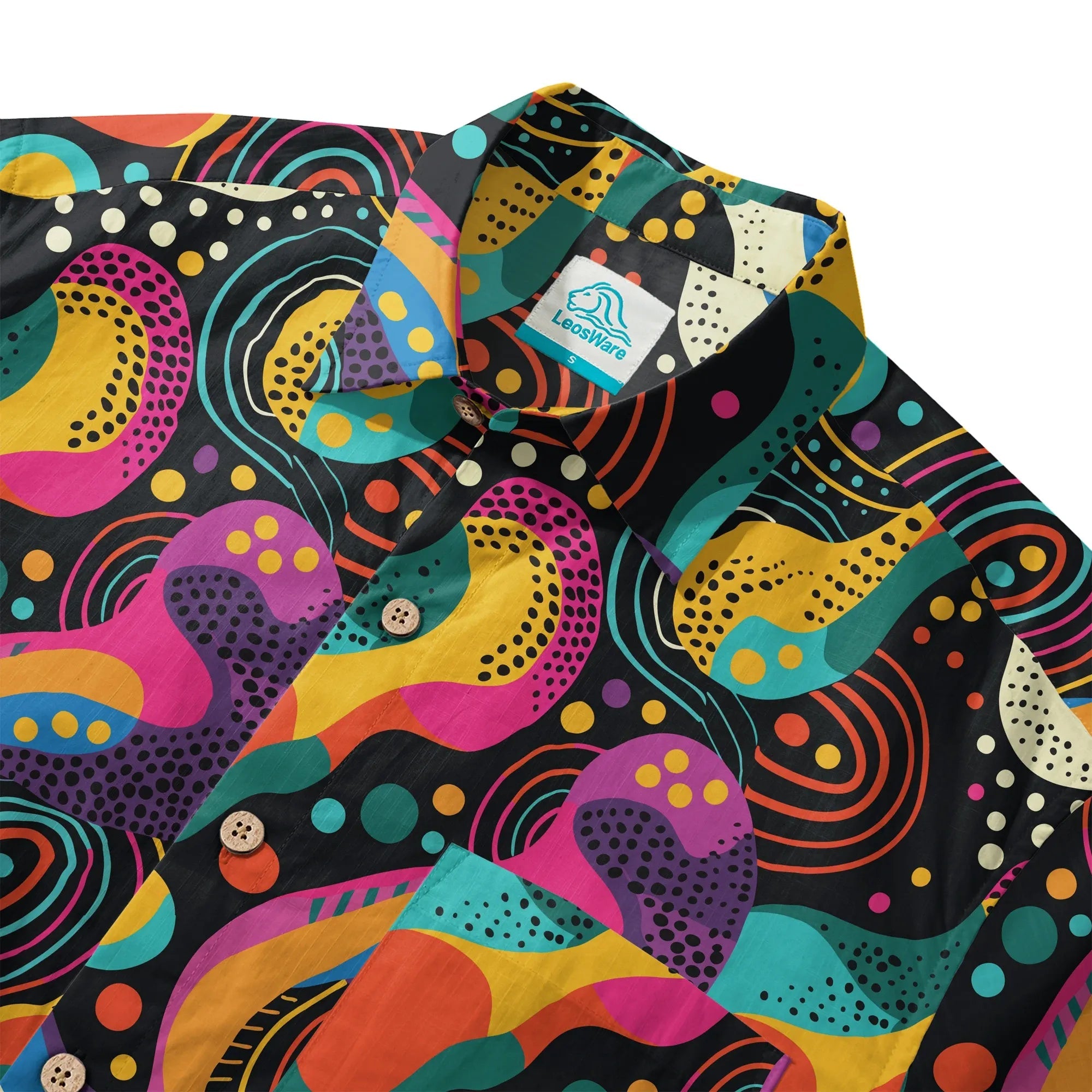 Chemise hawaïenne pour hommes LeosWare® à manches courtes avec boutons 100 % coton noire Aloha Neon Pop Fantasia par Ann