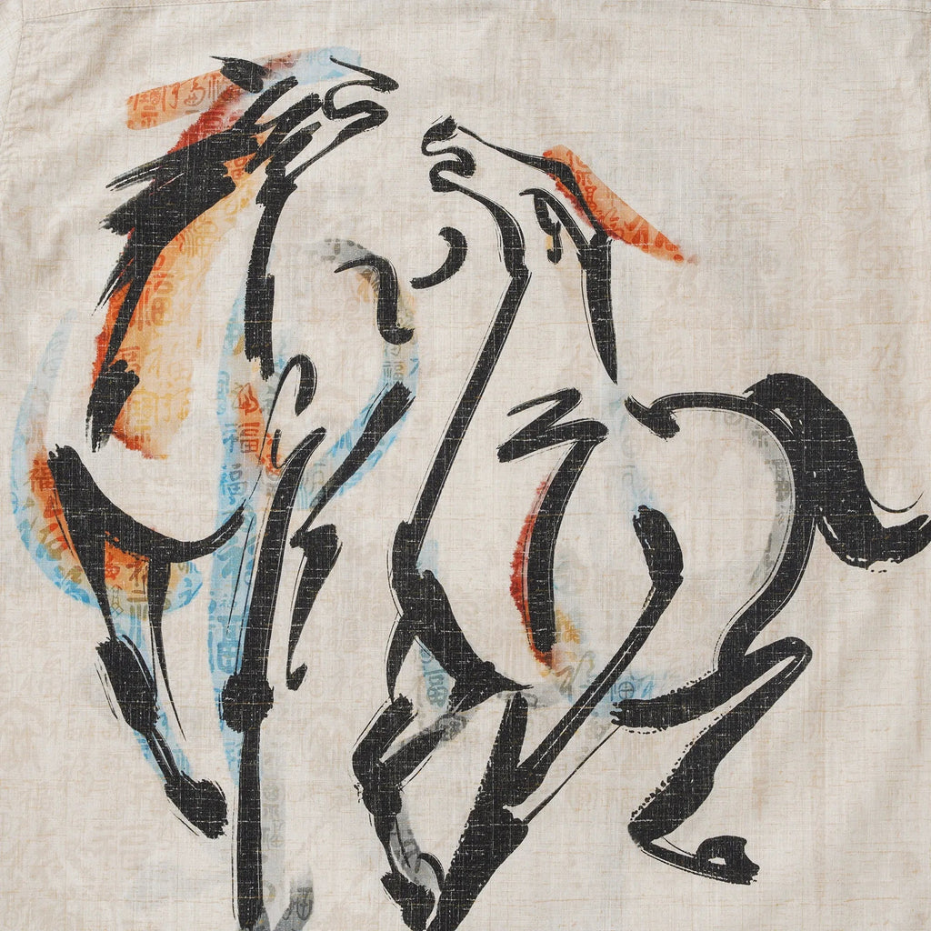 Men's Hawaiian Shirt Short Sleeve Camp Collar 100% Cotton Beige Aloha Horse Fortunate Gallop Year of the Horse 2026 By Huan huan