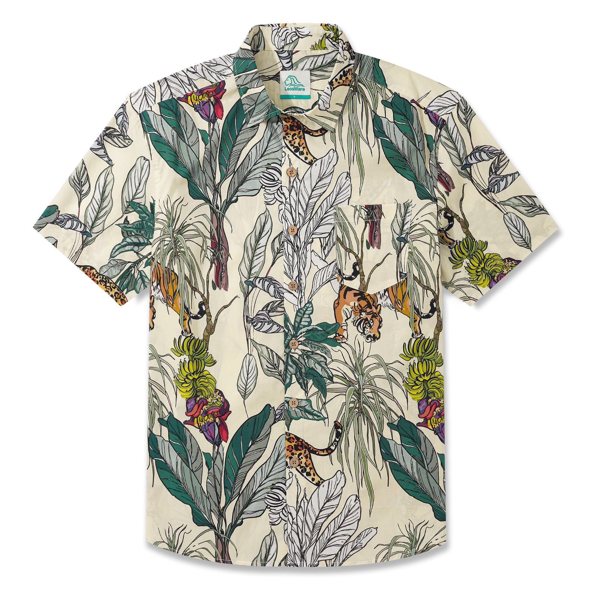 LeosWare® Men's Hawaiian Shirt Short Sleeve Button-up 100% Cotton Beige Aloha Tropical Jungle Wildness Painting By Ethan