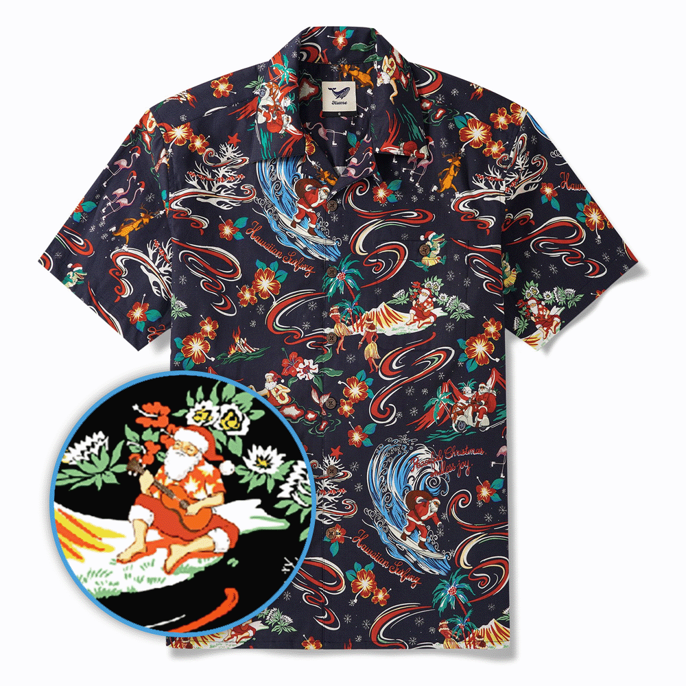 Men's Hawaiian Shirt Short Sleeve Camp Collar 100% Cotton Blue Aloha Christmas In Hawaii By Zeke