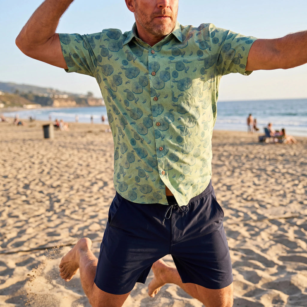 LeosWare® Chemise Hawaïenne pour Homme à Manches Courtes Boutonnée 100% Coton Vert Aloha Étang de Lotus en Début d'Été Par Ann