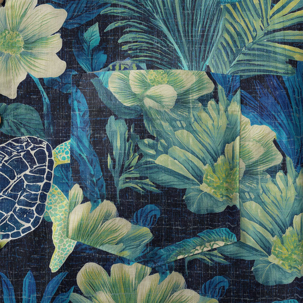 LeosWare® Men's Hawaiian Shirt Short Sleeve Button-up 100% Cotton Blue Aloha Deep Sea Flowers And Turtles By Ann