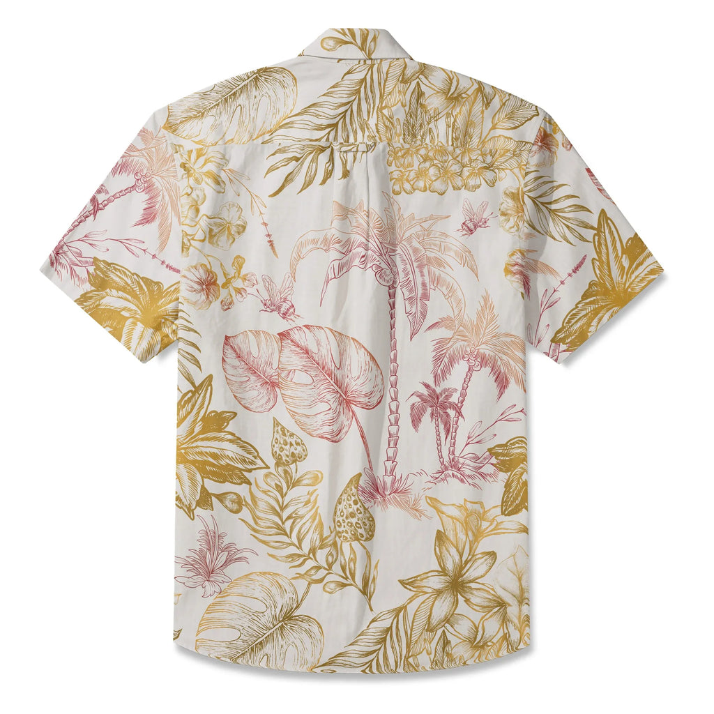 LeosWare® Men's Hawaiian Shirt Short Sleeve Button-up 100% Cotton Yellow Aloha Tropical Blossoms By Huan huan