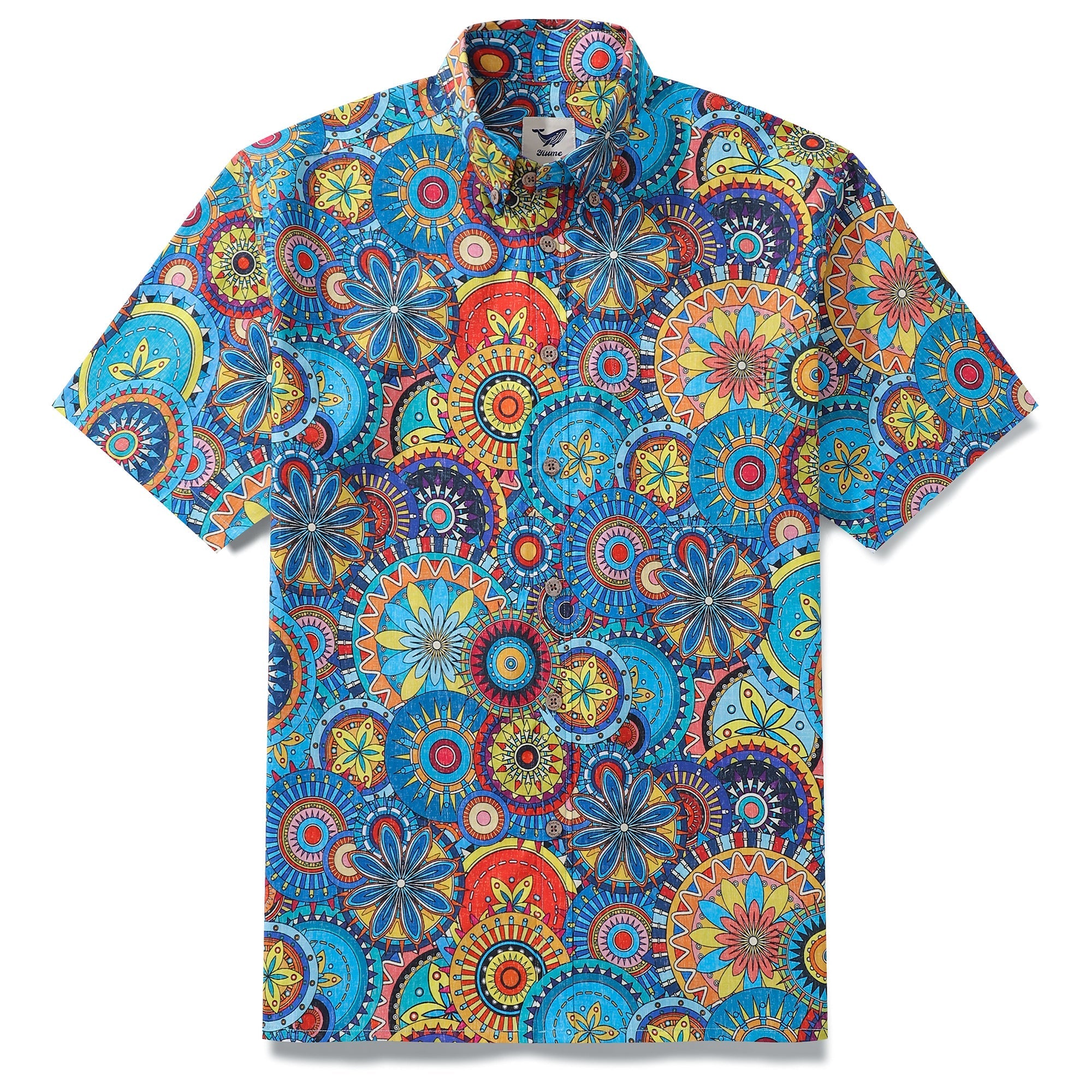 Blue Mandala Hawaiian Shirt For Men Short Sleeve Geometric Button-down Shirt 100% Cotton Shirt Mandala Mosaic By Cigar