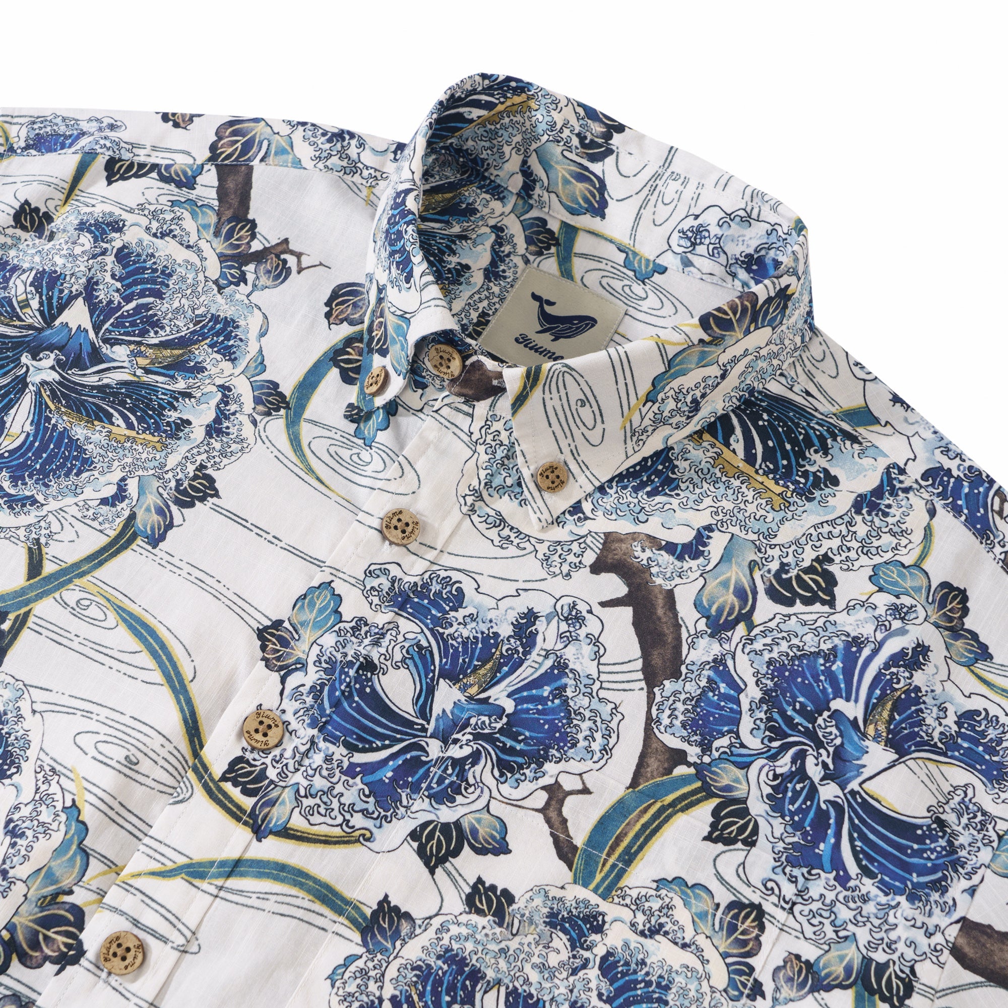 Ocean Waves on Branches 100% Cotton Men's Short Sleeve Button-down collar Shirt White Aloha Hawaiian By Sun