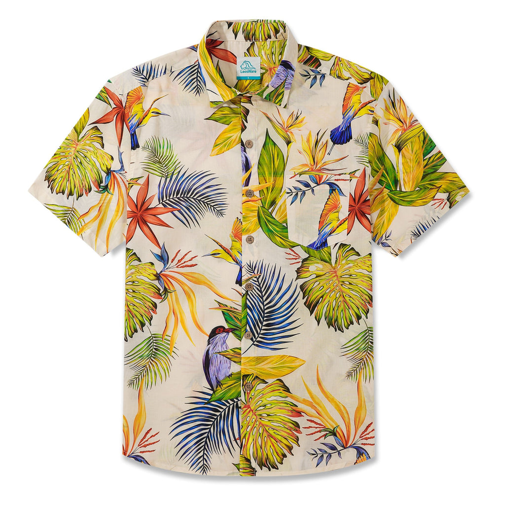 LeosWare® Men's Hawaiian Shirt Short Sleeve Button-up 100% Cotton Beige Aloha Tropical Jungle Bird Illustration By Ethan