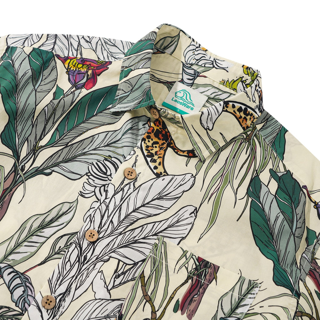 LeosWare® Men's Hawaiian Shirt Short Sleeve Button-up 100% Cotton Beige Aloha Tropical Jungle Wildness Painting By Ethan