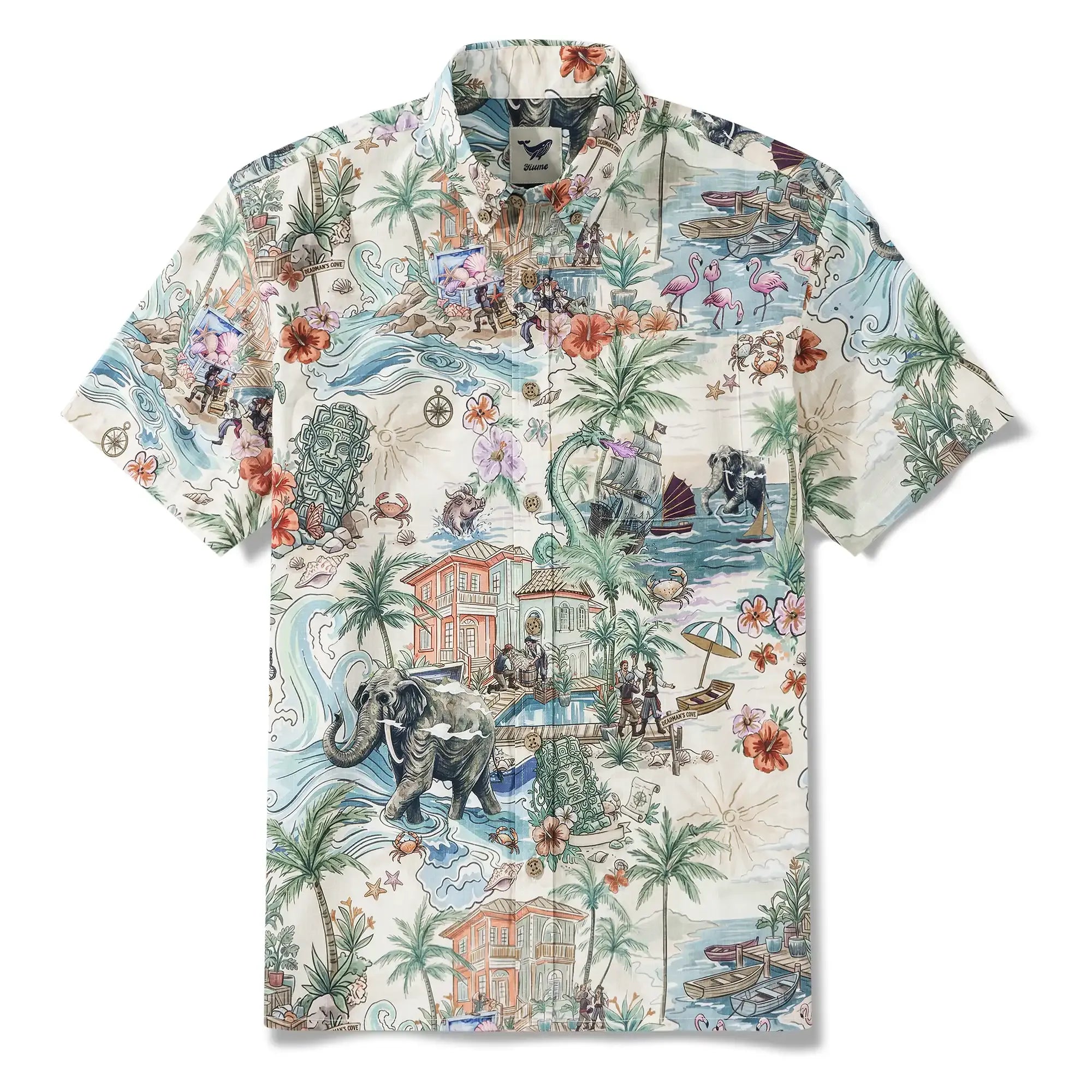 Men's Hawaiian Shirt Short Sleeve Button-down 100% Cotton Green Aloha Hidden Paradise By Huan huan