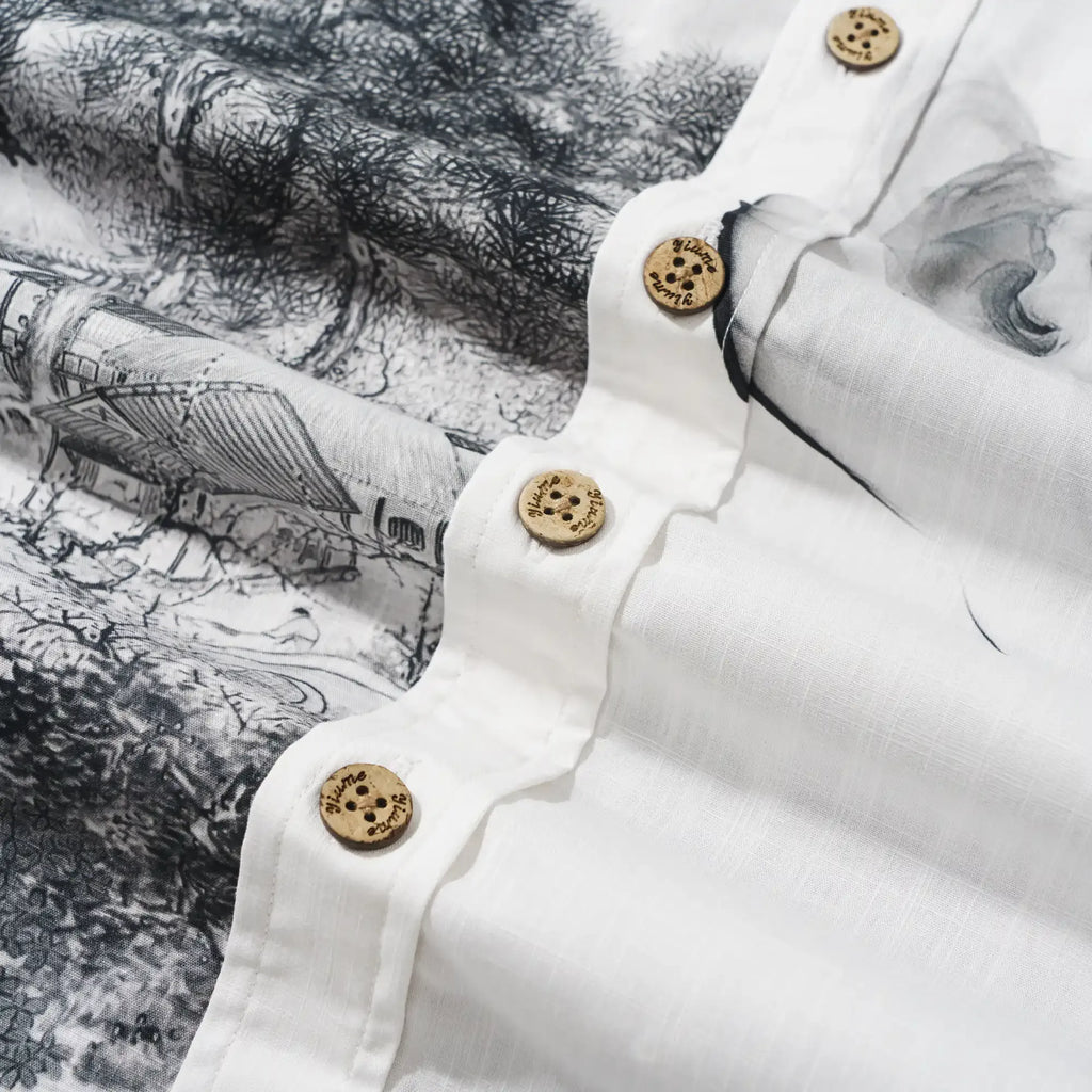 Men's Hawaiian Shirt Short Sleeve Button-down 100% Cotton Black Aloha Oriental Inkscape By DUDU