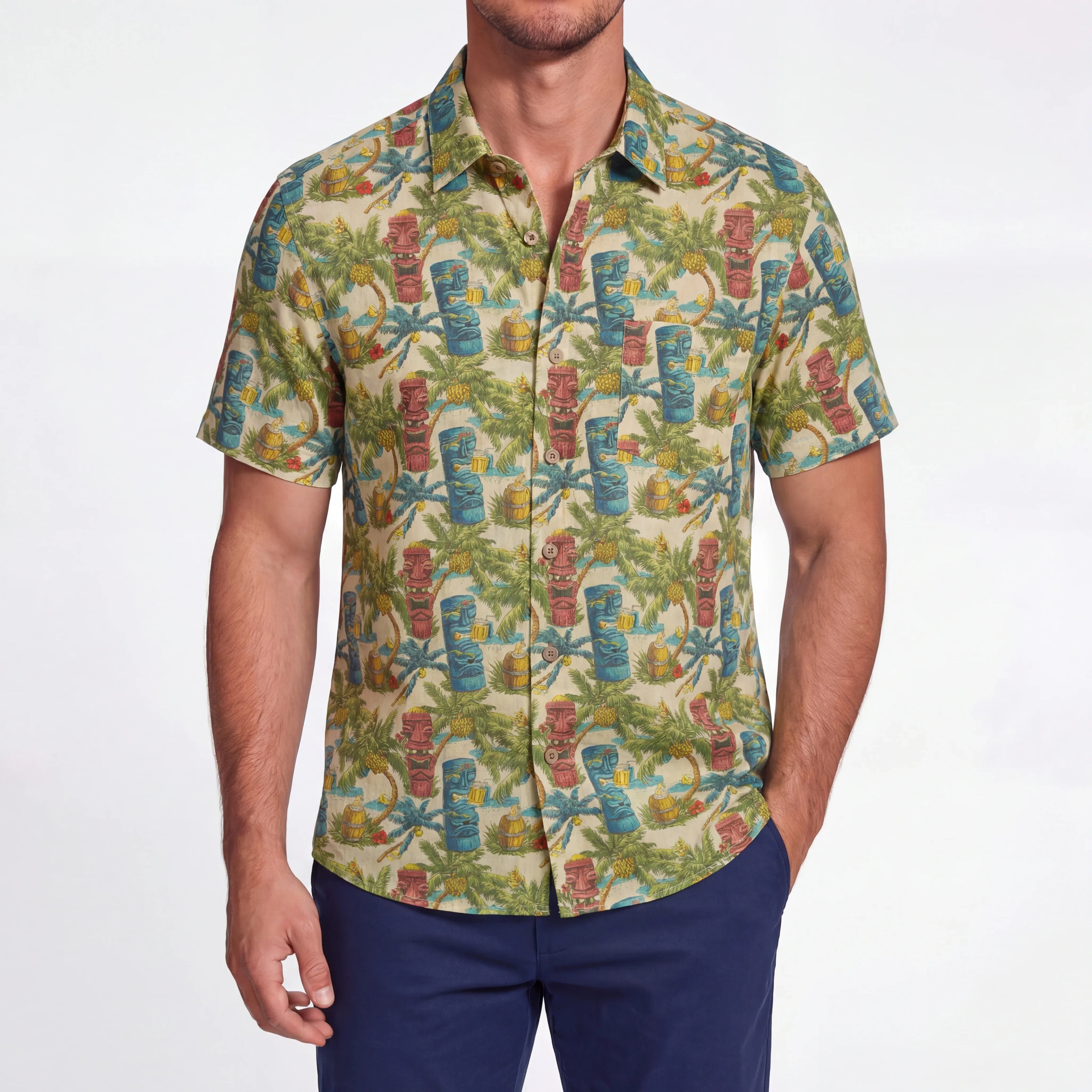 LeosWare® Men's Hawaiian Shirt Short Sleeve Button-up 100% Cotton Green Aloha Tiki's Coconut Island Carnival By Ann